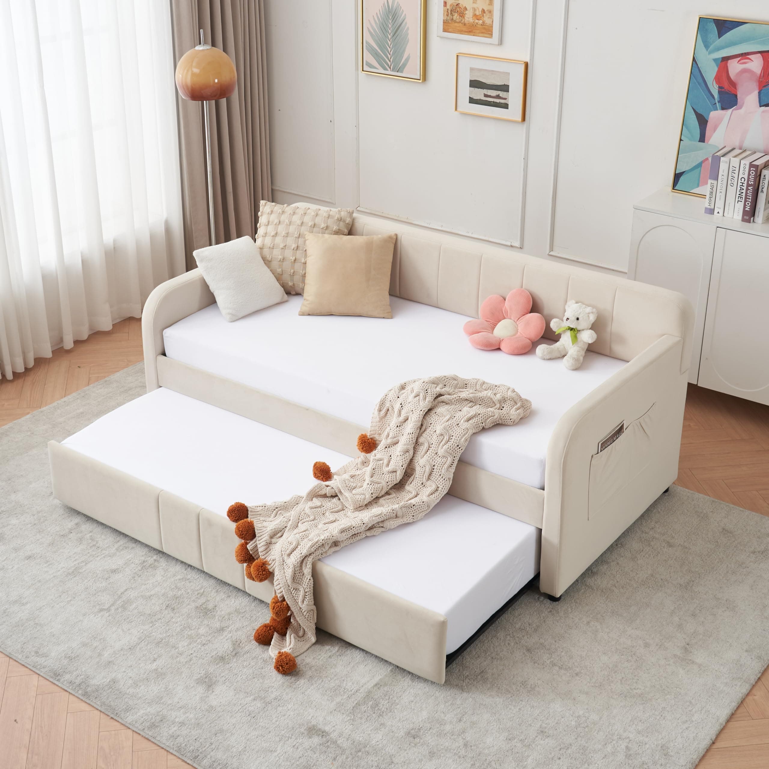 Pop-Up Twin Daybed with USB Port & Velvet Frame for Guest or Living Room