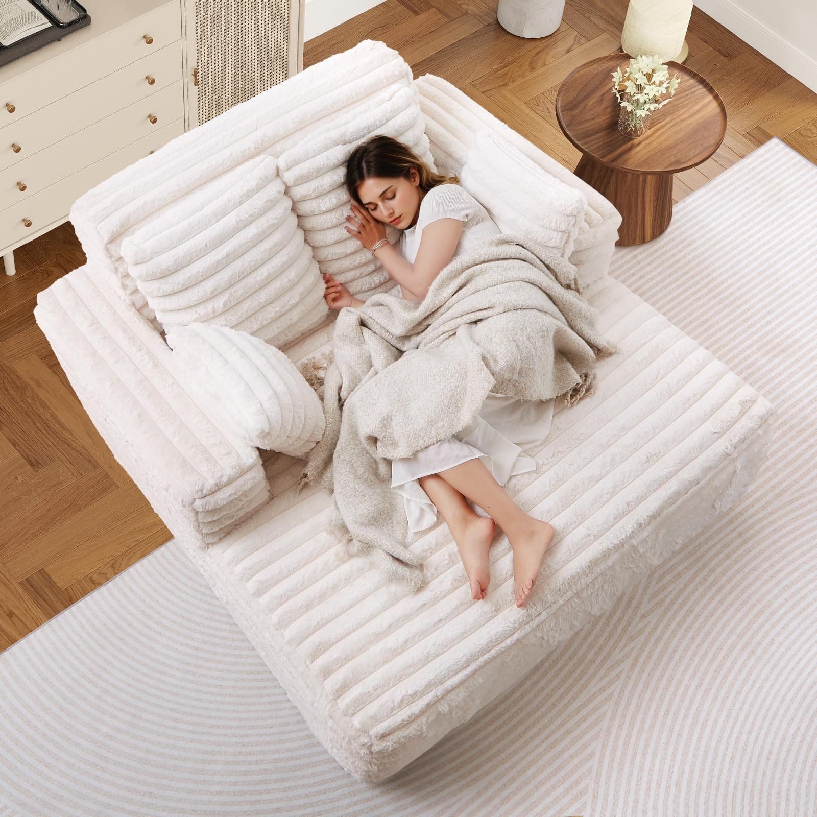 Oversized Chaise Lounge Indoor Beige Modern Plush Corduroy Fabric Deep Seat Boneless Memory Foam Sleeper Sofa Chair with Pillows for Living Room Bedroom Studio No Assembly Couch