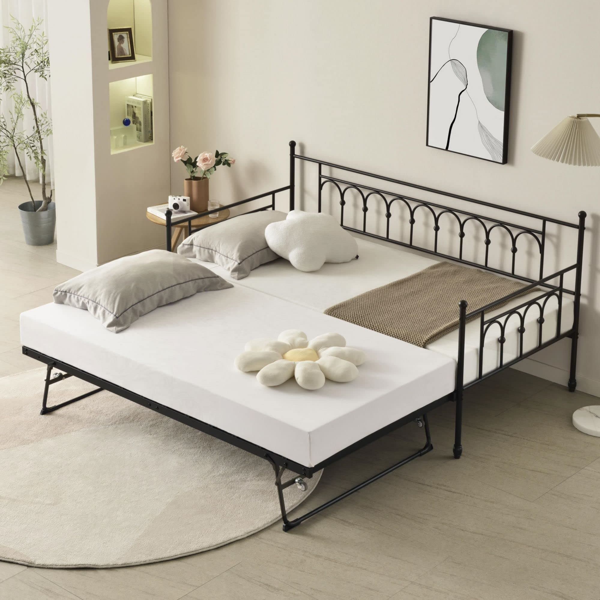 Vintage Metal Twin Day Bed with Pop-Up Trundle for Home Office