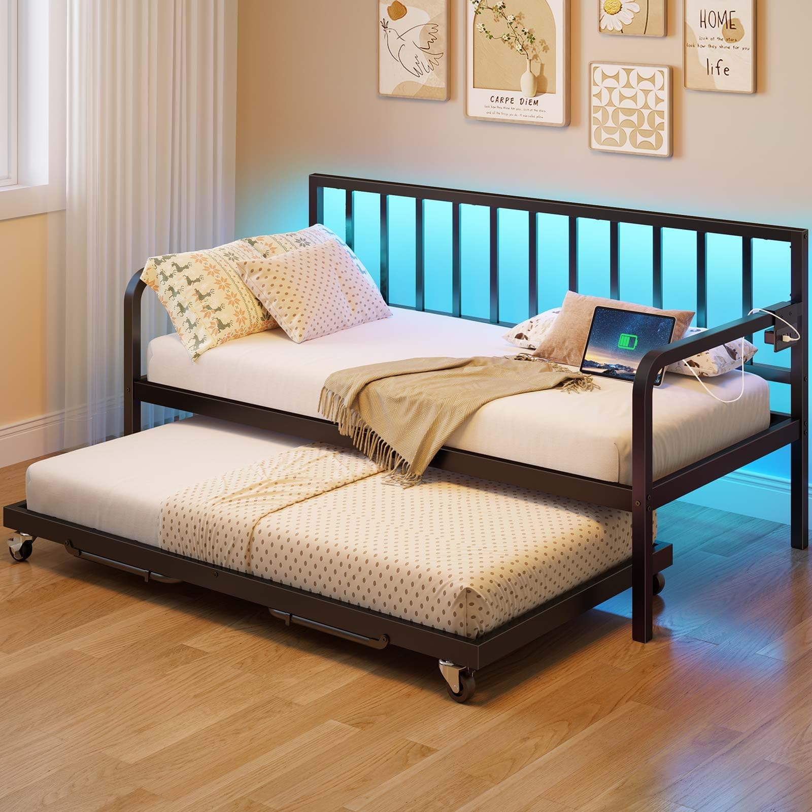 Rolanstar Height Adjustable Black Metal Daybed with Charging & LED Lights