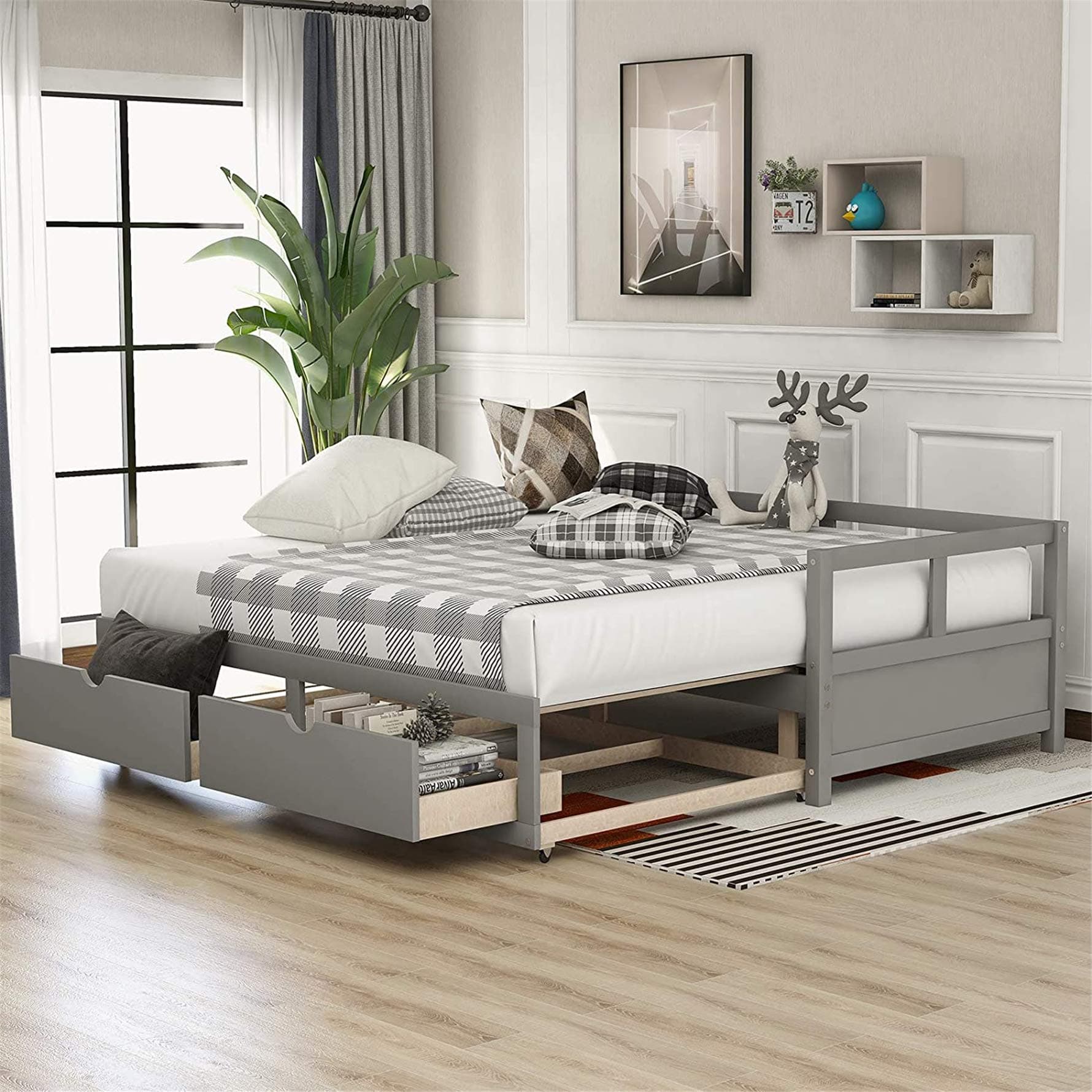 Meritline Extendable Daybed Frame, Twin to King, Gray Storage Drawers
