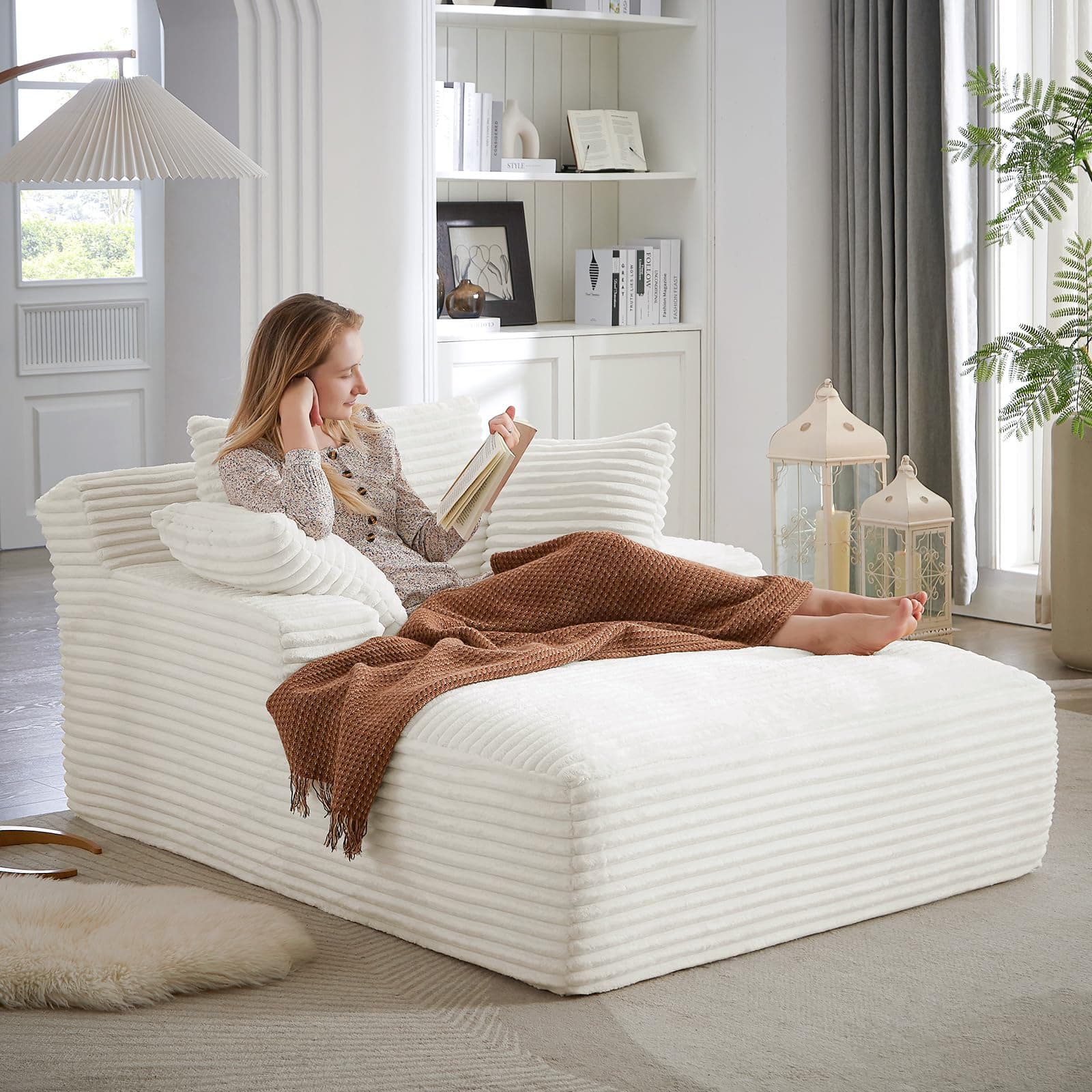 Oversized Chaise Lounge Chair, 50"W Corduroy Couch, Comfy Pillows, Modern Livingroom/Bedroom, White