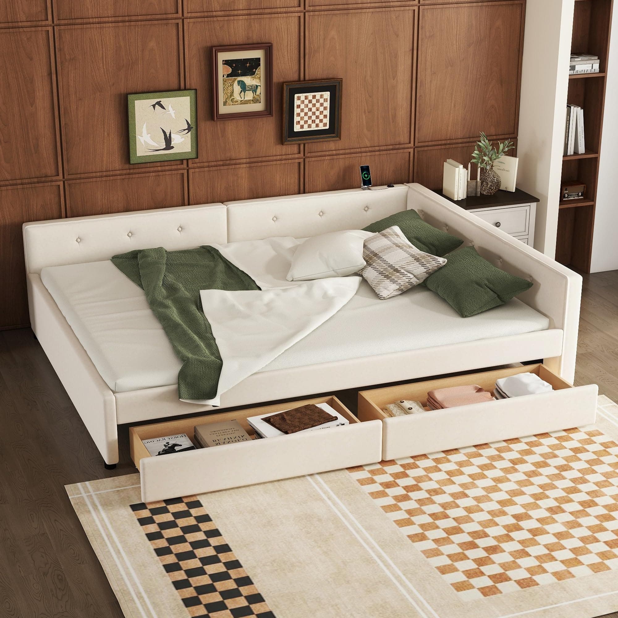 Linen Upholstered Beige Queen Daybed with Storage & Tufted Backrest