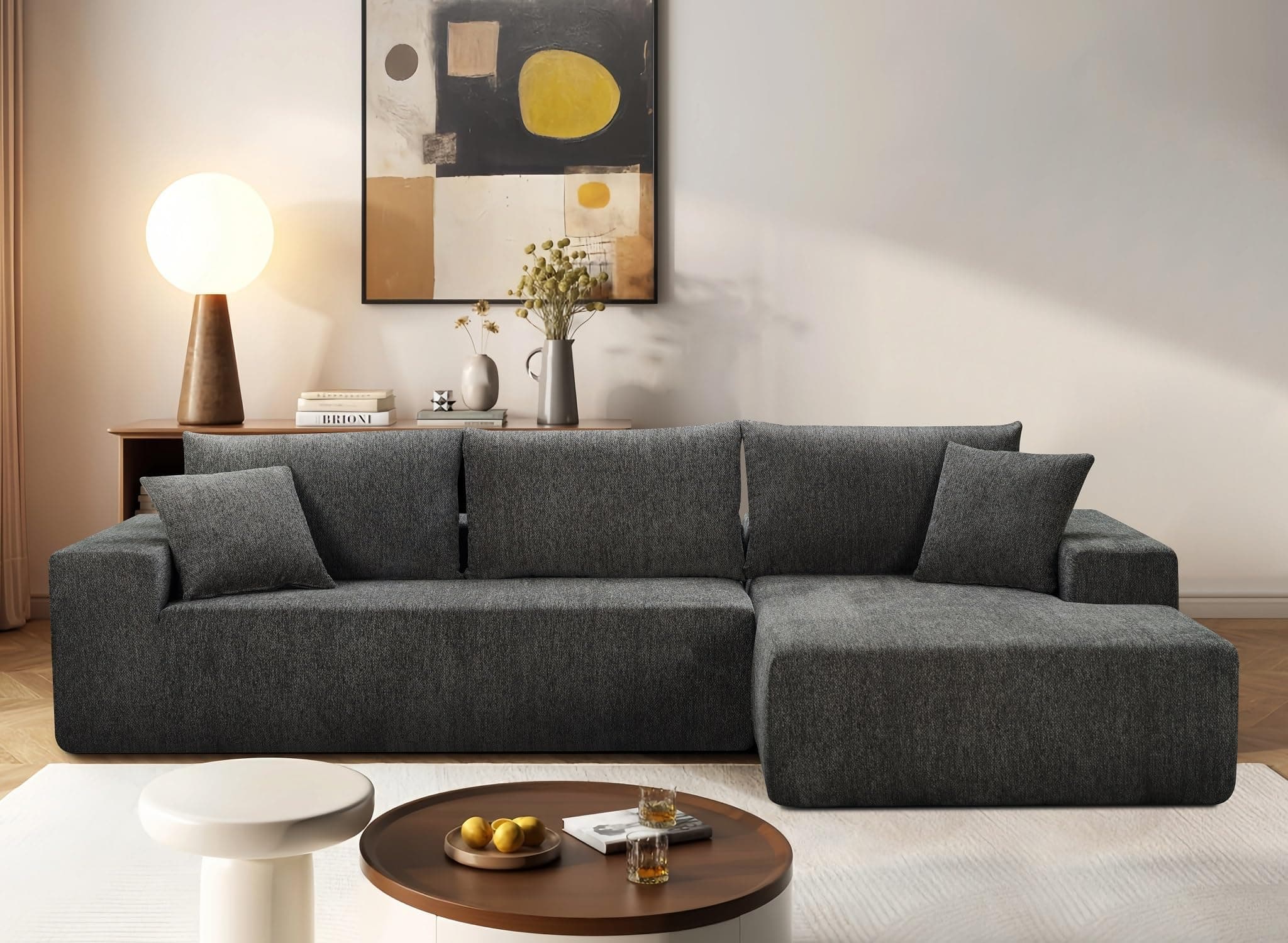 108" Dark Gray Modern Minimalist Chenille Sectional with L-Shape Chaiseeci:.Products:Living Room Sofa