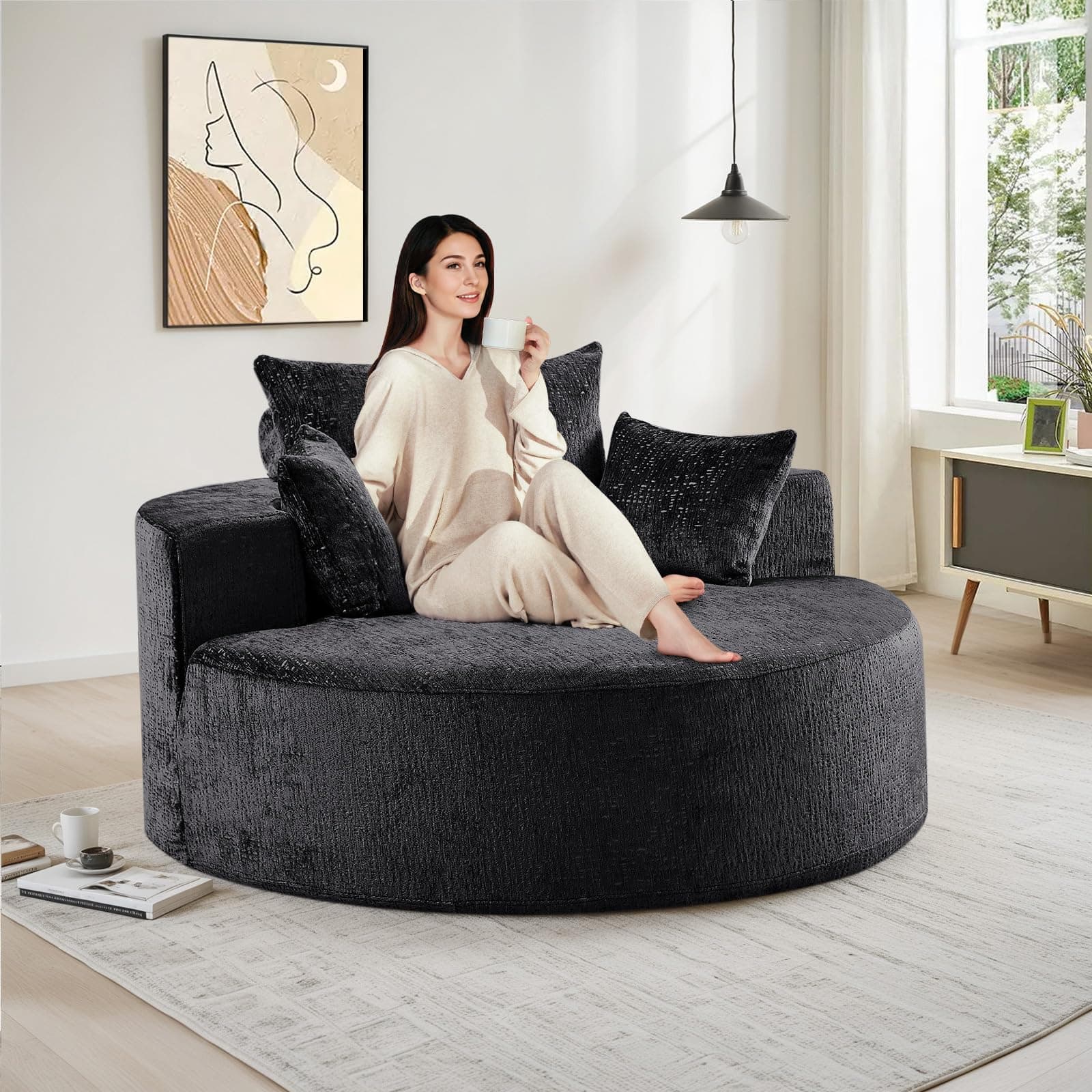 Modern Oversized Black Round Chaise Longue Chair for Living Room and Bedroom, 55-inch Upholstered Chenille Deep Seat Circle Single Cloud Lounge Floor Sofa Chair