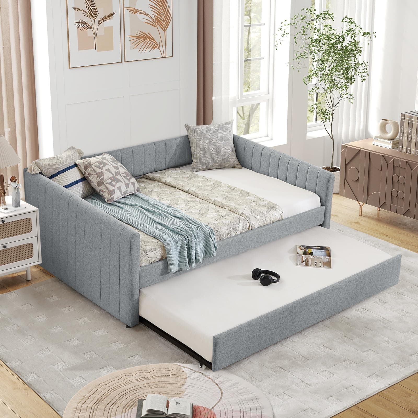 Antetek Full Size Linen Daybed with Twin Trundle, Grey