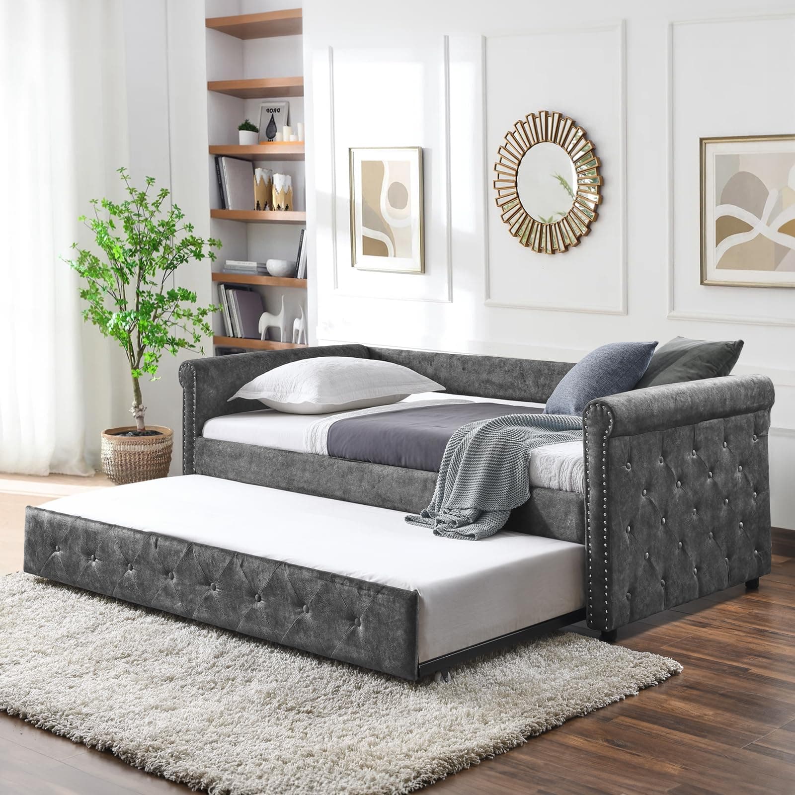 Antetek Grey Fabric Button-Tufted Twin Daybed with Trundle Sofa