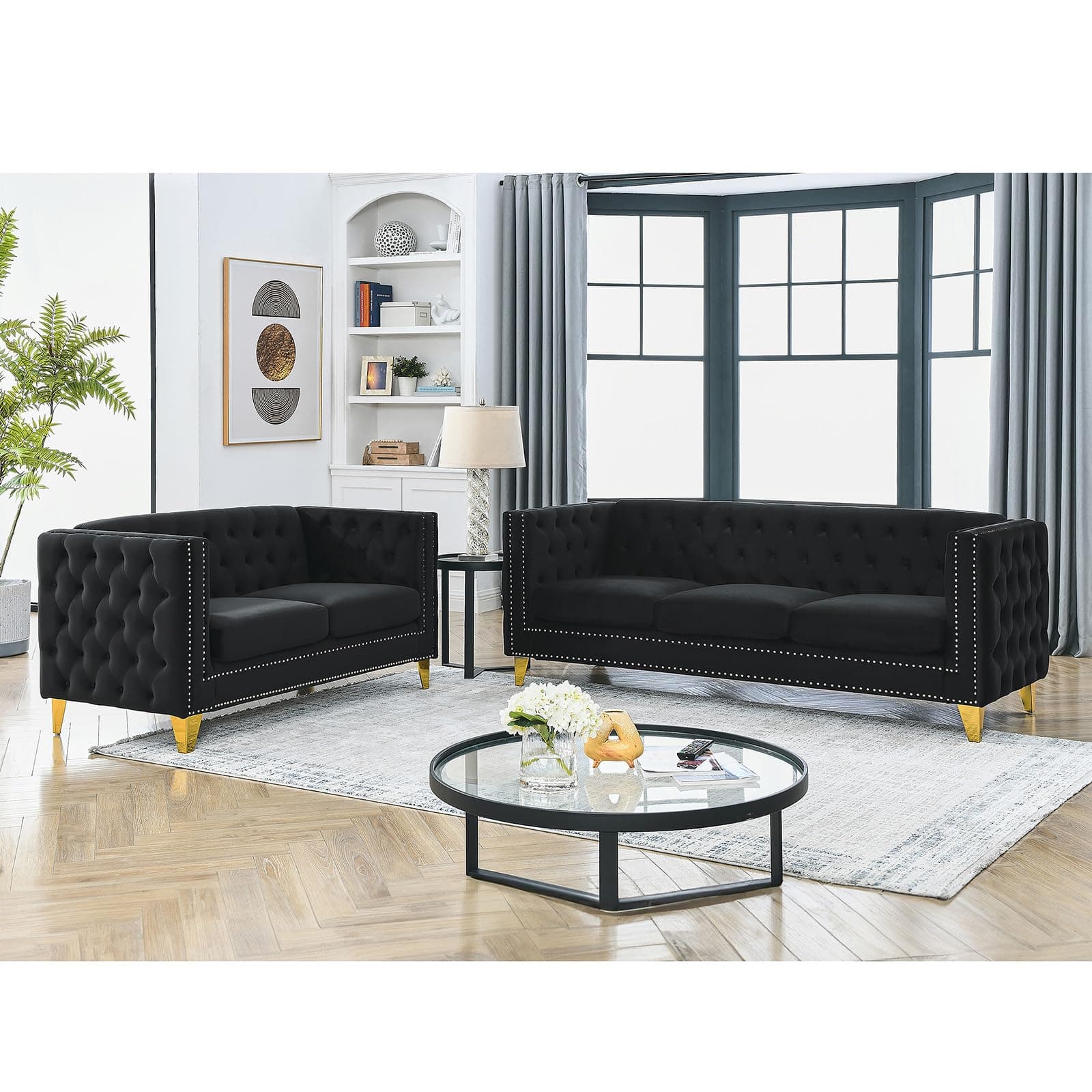 80-inch Sofa + 58-inch Loveseat Set, Modern Velvet Couch with Gold Nail Details and Black Legs