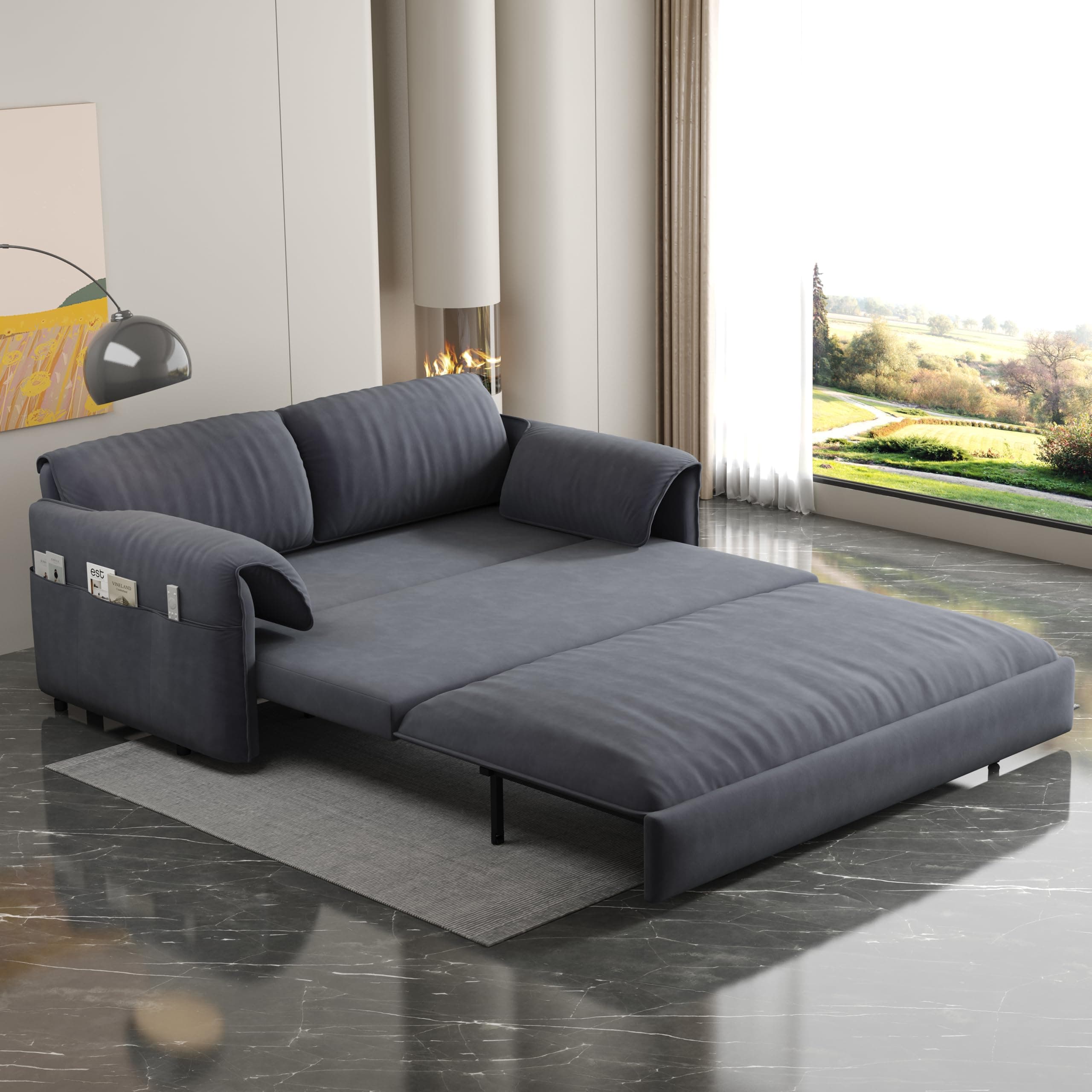 3-in-1 Queen Size Pull-Out Sofa Bed with Cloud Velvet Couch & Side Storage