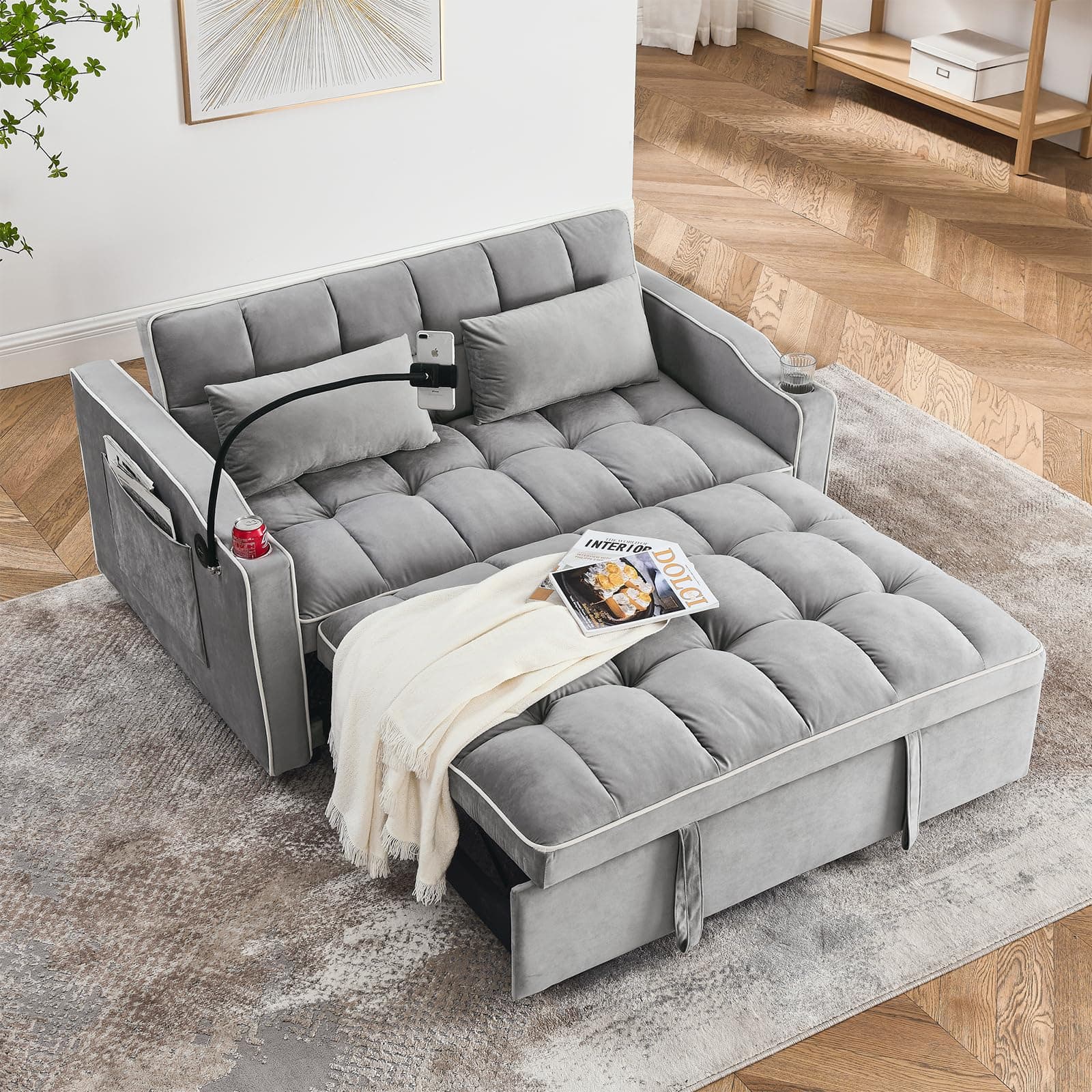3-in-1 Velvet Convertible Sofa Bed with Adjustable Backrest, Gray