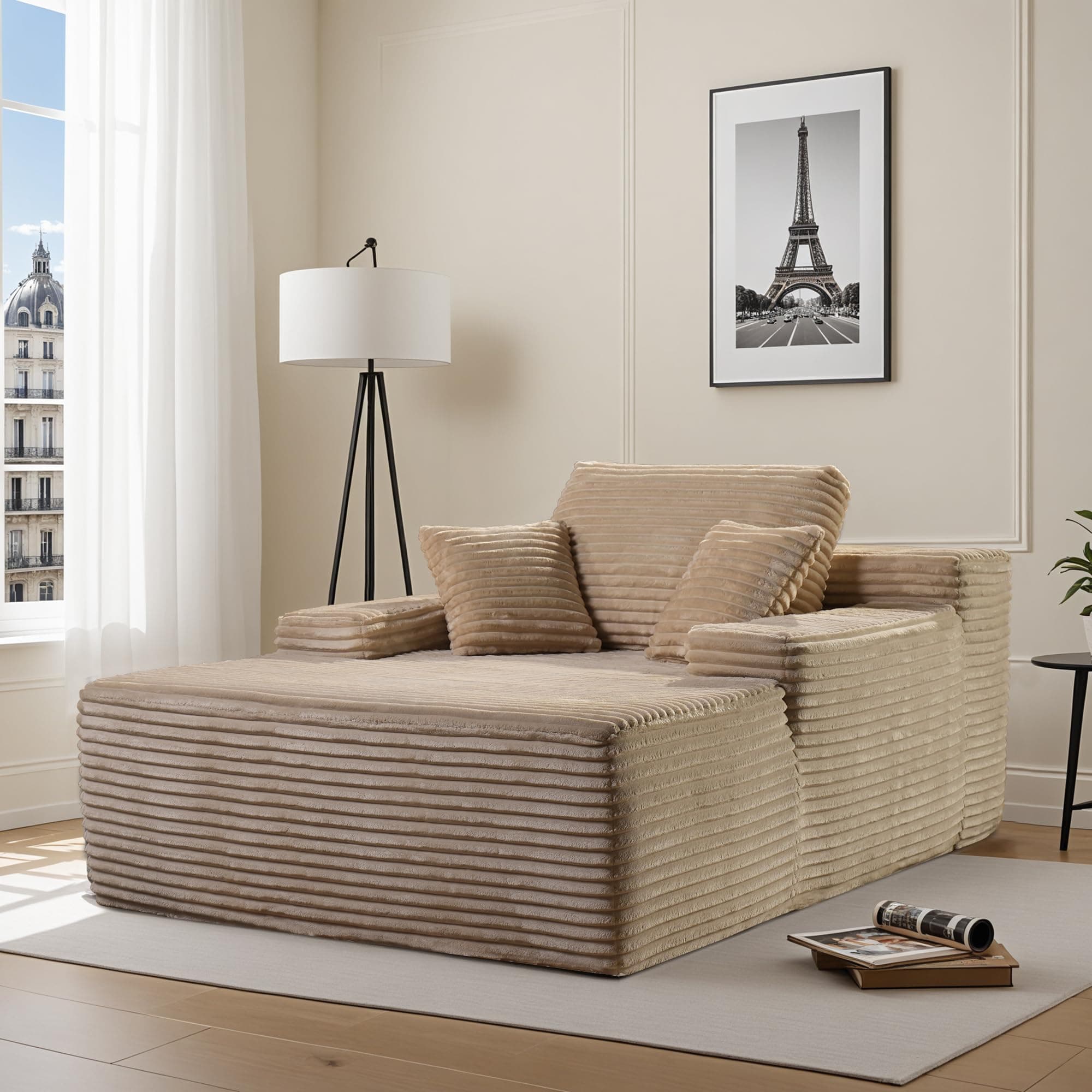 Beige Plush 48" Oversized Chaise Lounge Chair Bed with Throw Pillows