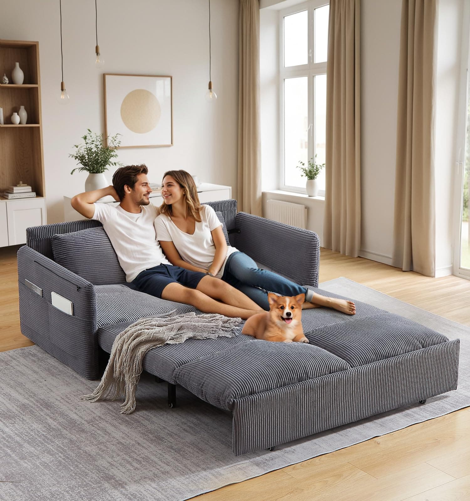 Antetek 3-in-1 Convertible Futon Sofa Bed, Grey Corduroy Queen Size