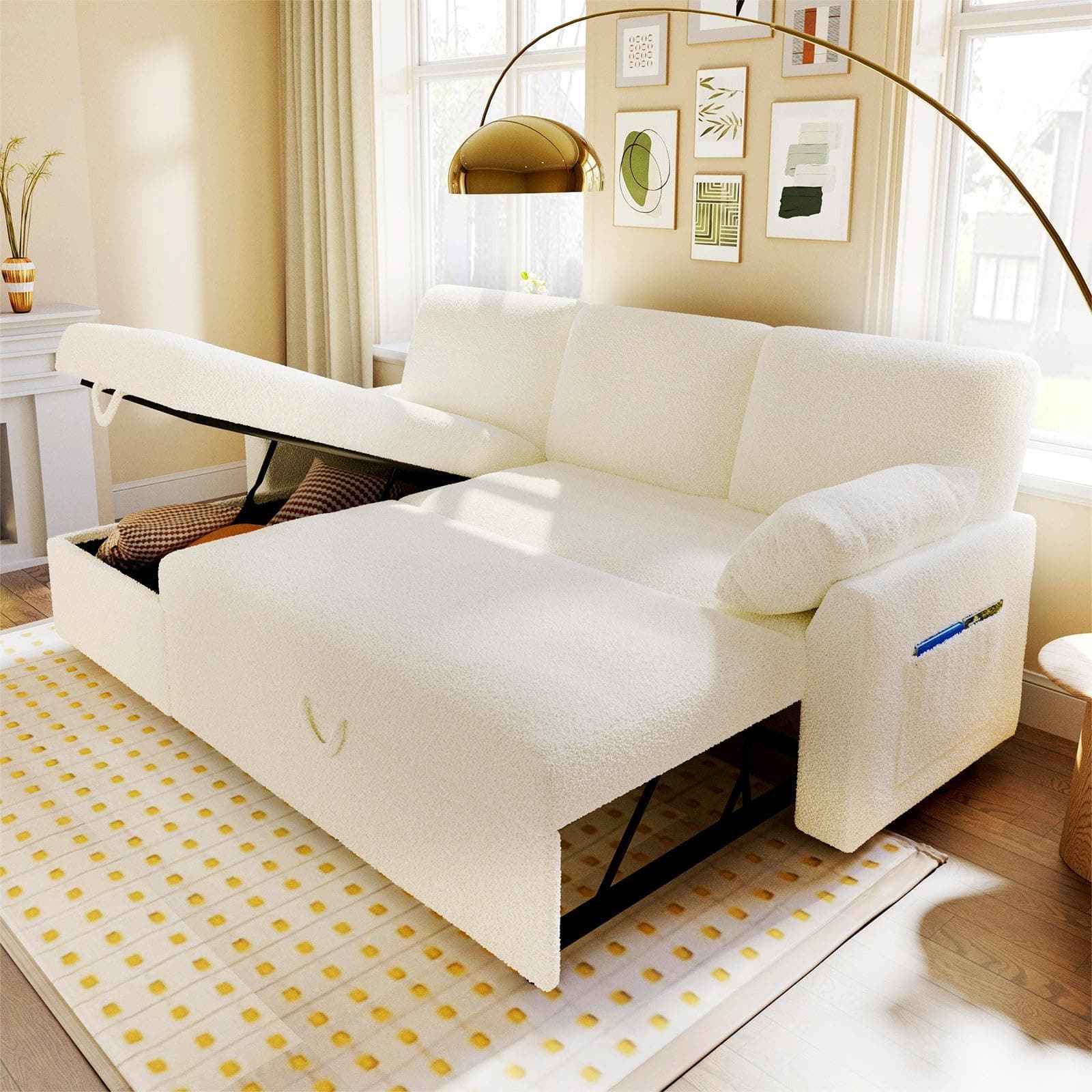 Offwhite Sherpa L-Shaped Pull Out Sofa Bed with Storage