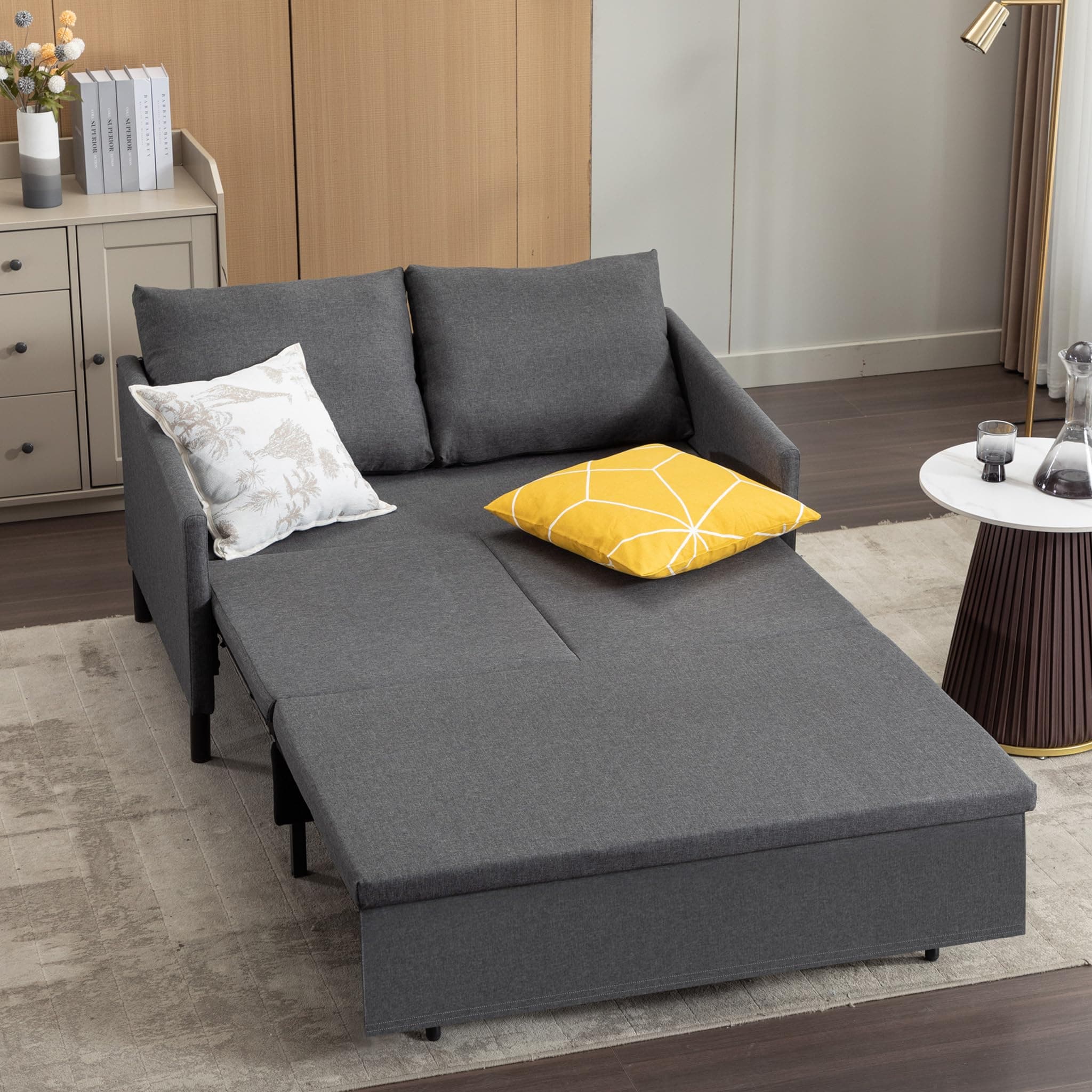 Convertible Sleeper Loveseat Sofa Couch with Pullout Bed and Storage - Ideal for Living Room, Bedroom, Balcony, RV - Dark Gray