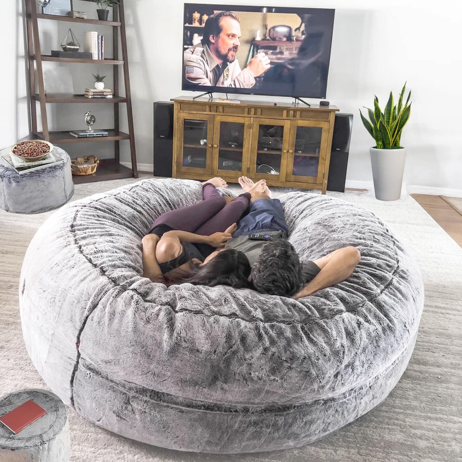 Oversize Light Grey Bean Bag Chair for Adults Kids, Round & Comfortable