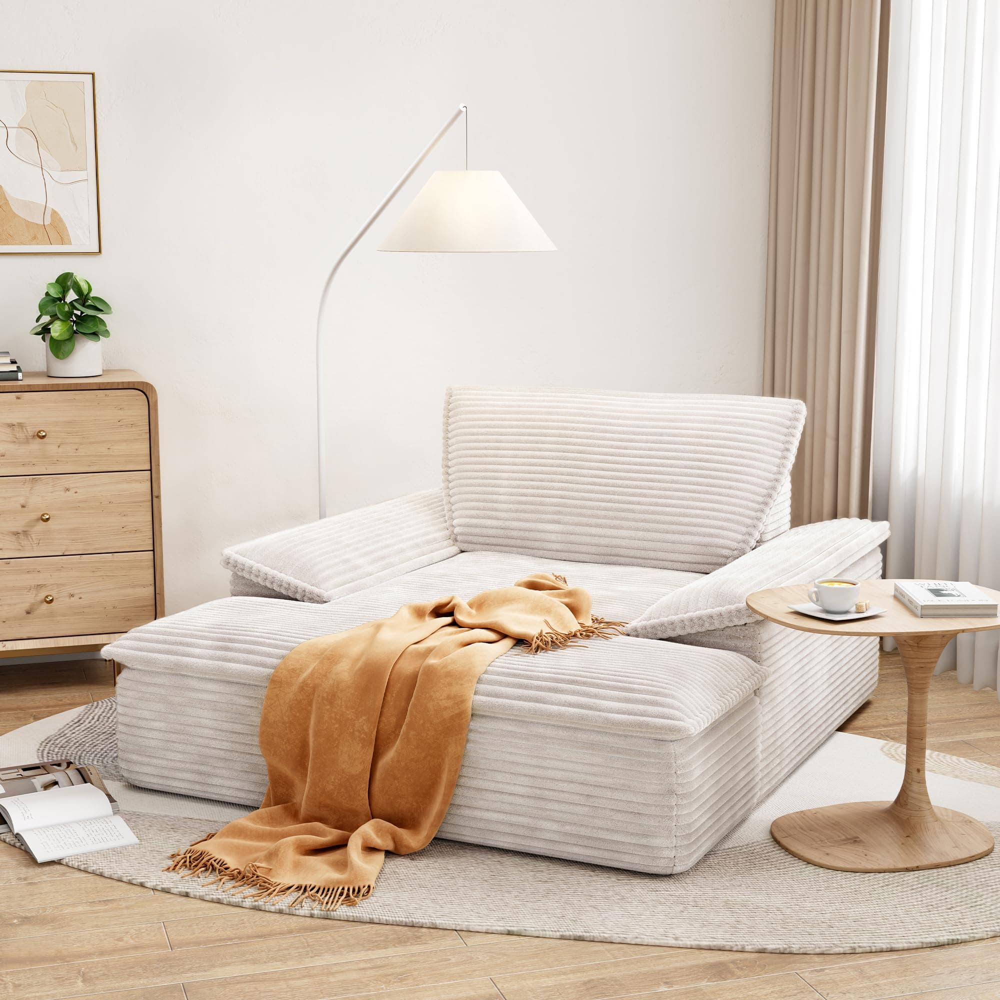 LIKIMIO Oversized Chaise Lounge Chair Sofa Bed - Plush Corduroy Upholstered Reading Chair, Cloud Couch for Living Room (Beige)