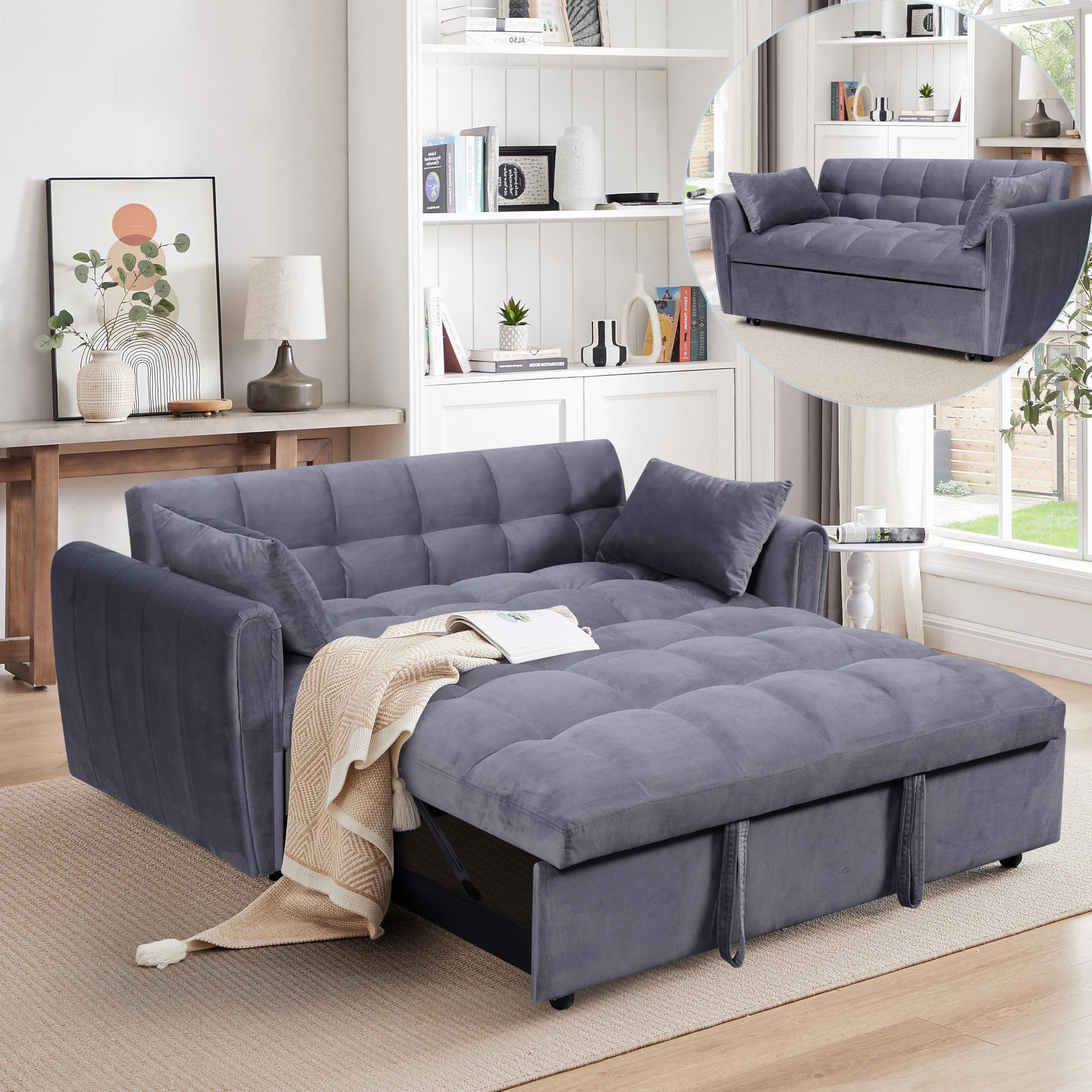 ERYE 3-in-1 Queen Convertible Sleeper Sofa Bed Modern Living Room Couch with 2 Pillows for Home, Apartment, RV