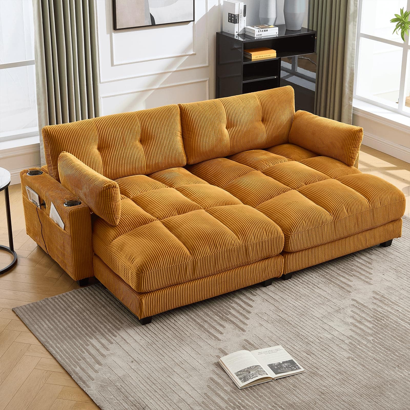 Yellow 91-inch Tufted Loveseat Sleeper Sofa with USB Ports & Cup Holders