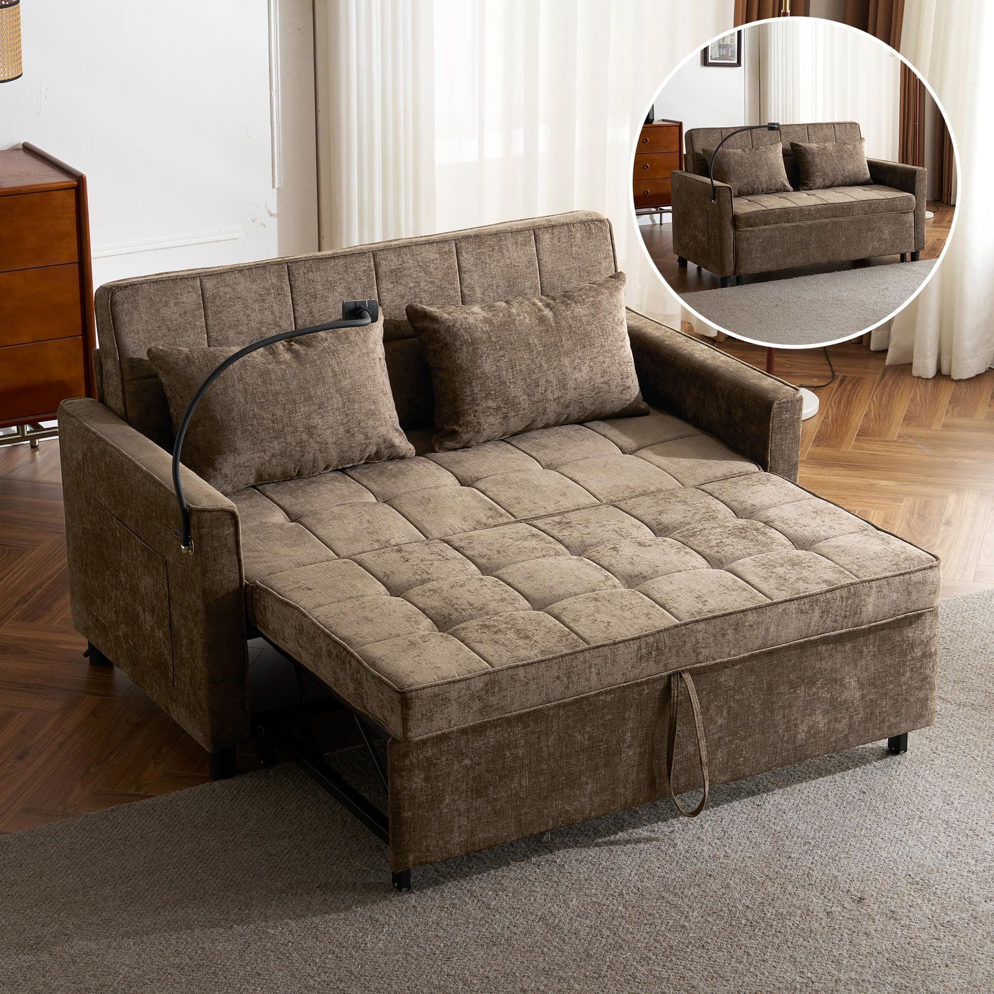 Merax 3-in-1 Convertible Couch with USB Ports, Brown | Sleeper Sofa Bed, Living Room Futon