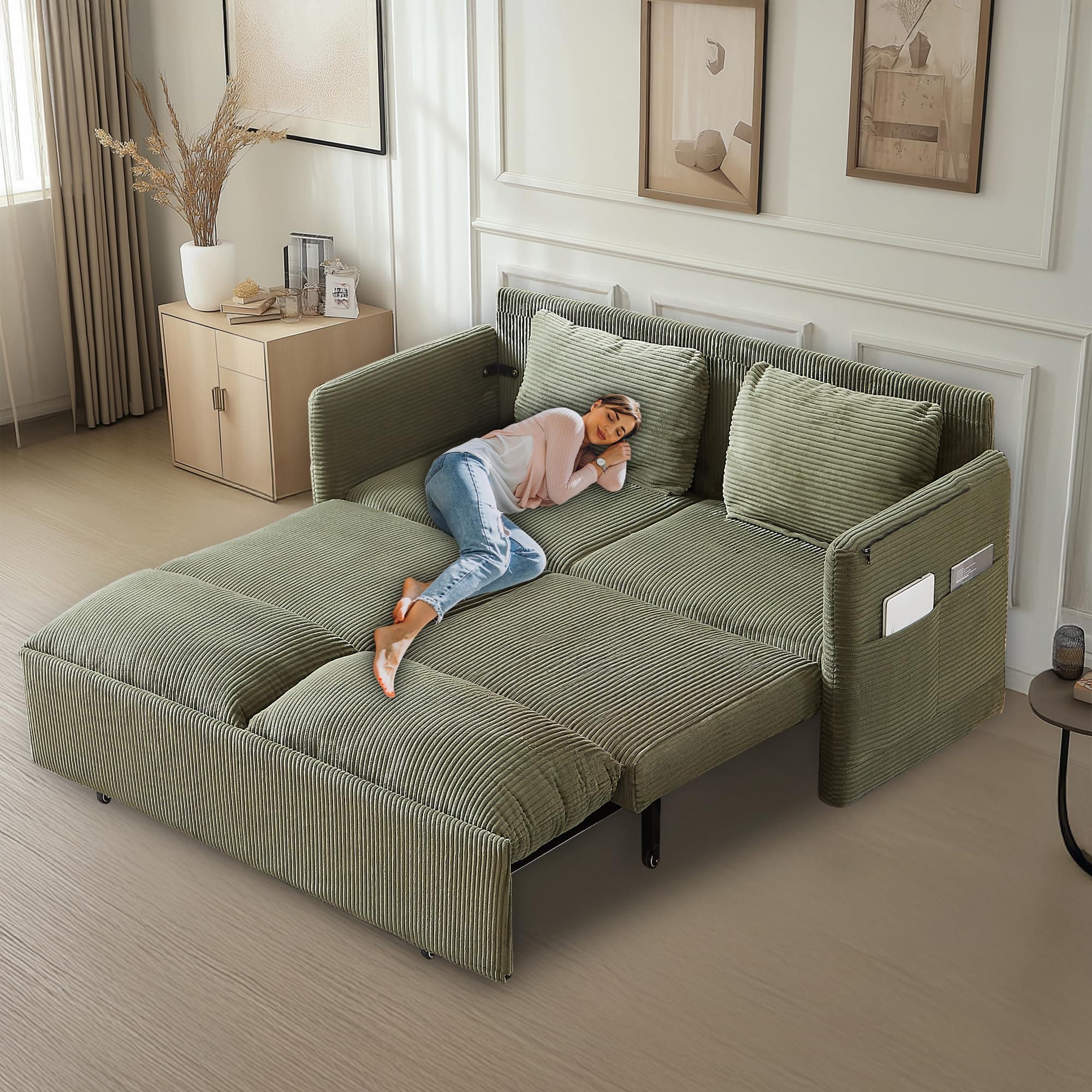 3-in-1 Corduroy Green Queen Sleeper Sofa Bed with Side Pockets