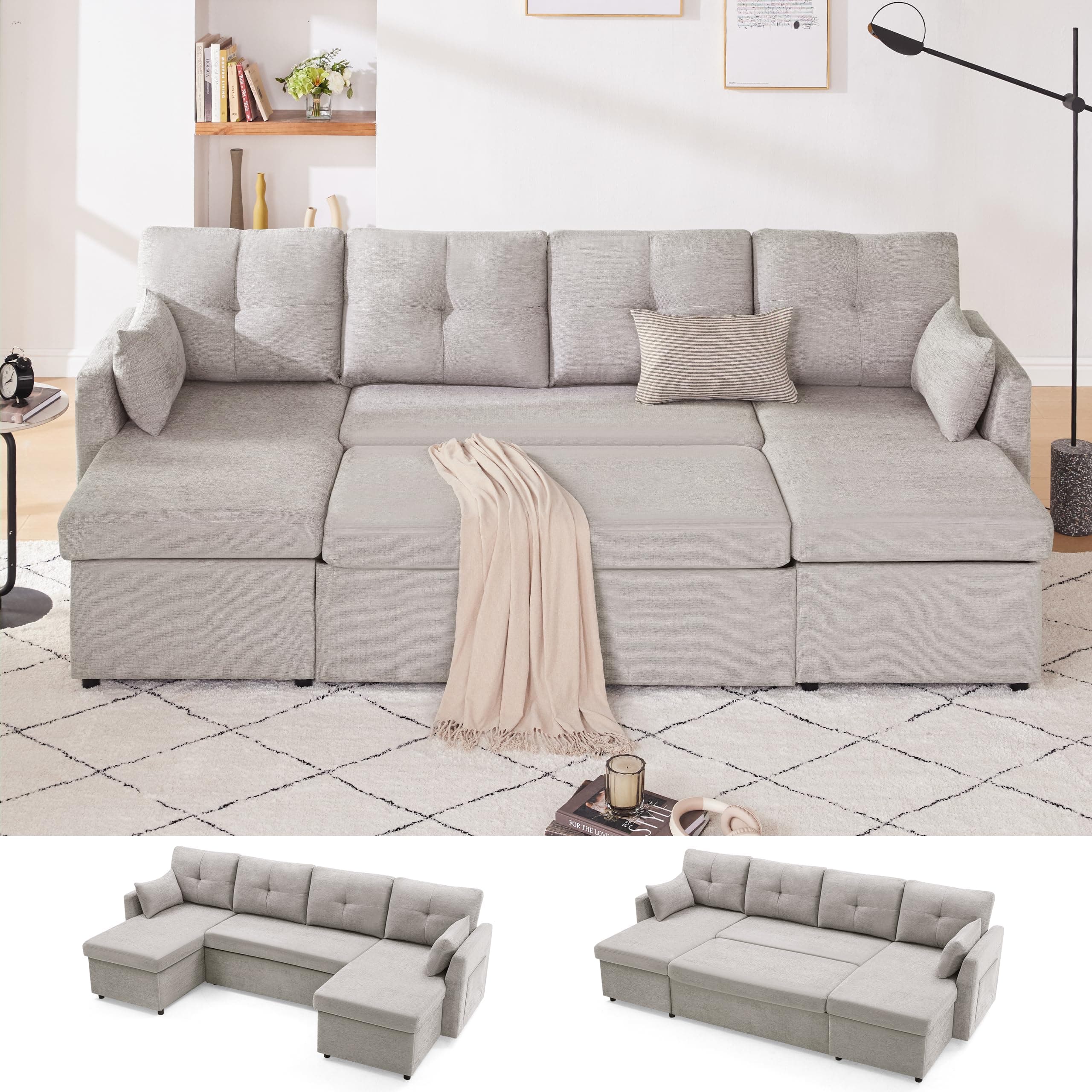 Light Grey 110 Inch 2-in-1 Pullout Couch Bed with Storage Chaise