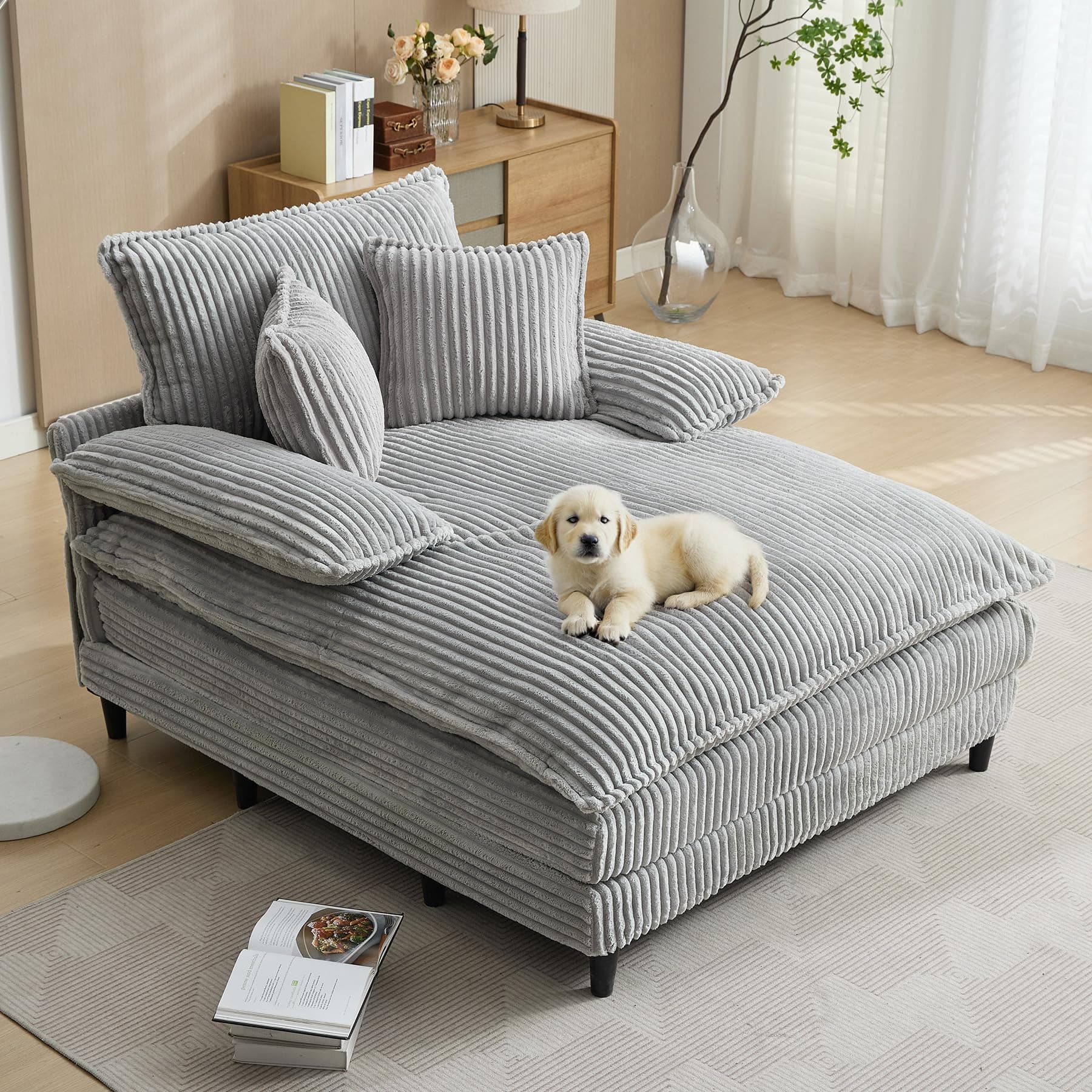 55” Grey Corduroy Comfort Chaise Lounge with 3 Throw Pillows (4-Position Adjust)
