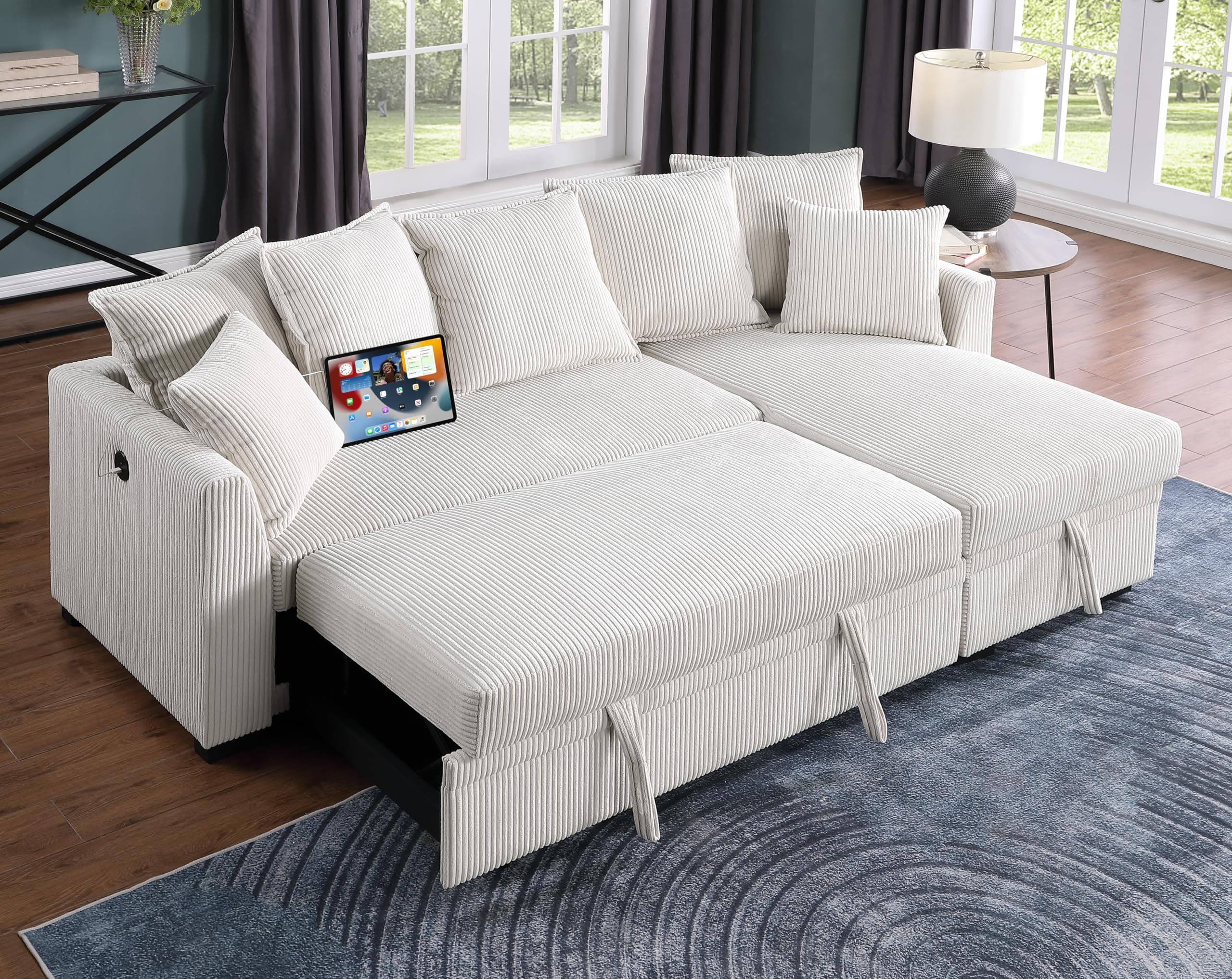 Eafurn Reversible Corduroy L-Shaped Sleeper Sectional With Chaise, USB Ports, Living Room Sofa Bed