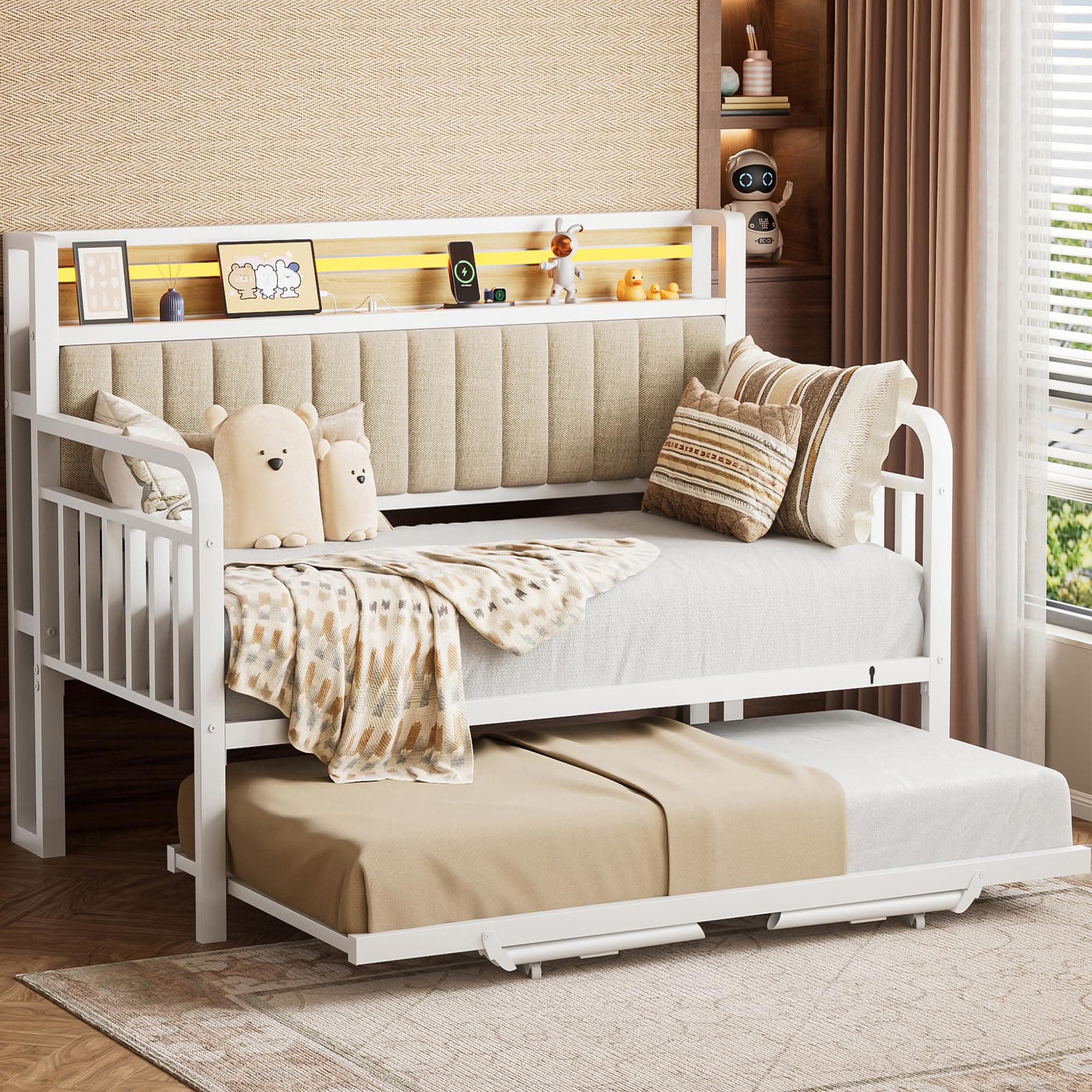 Daybed with Trundle and LED Light (White)  
Heavy Duty Metal Twin Bed Frame with Upholstered Storage Headboard (White)  
Day Bed Pop Up Trundle Bed Twin for Living Room (White)