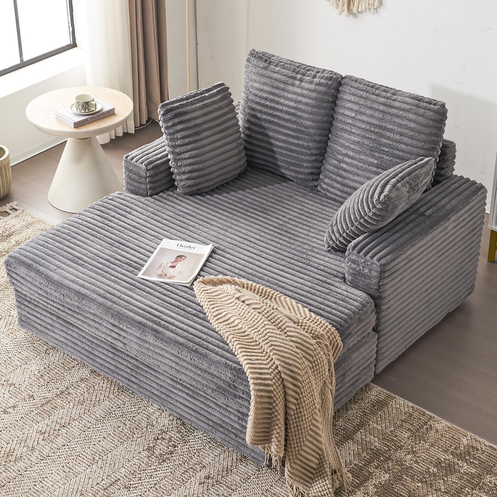 Furnimart Chaise Lounge Chair Indoor, 58 Inch Sleeper Sofa with 2 Throw Pillows, Fluffy Corduroy Loveseat Couch for Living Room, Comfy Oversized Reading Chair, Gray The Forest Stewardship Council