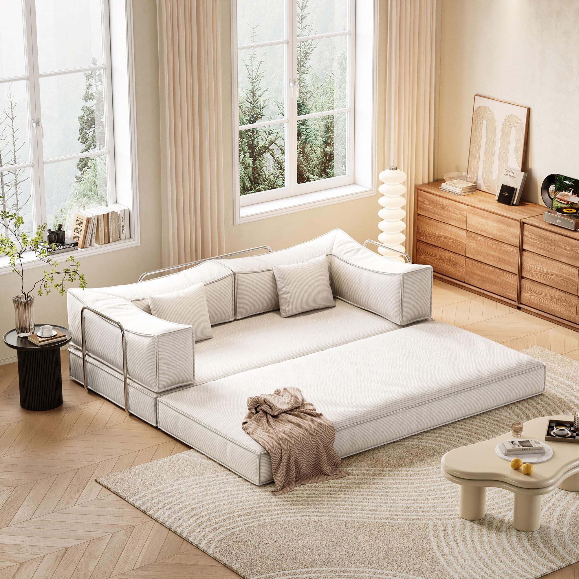 Modern 82.67" Fold-Out Sofa Bed, King Size, White Corduroy Fabric