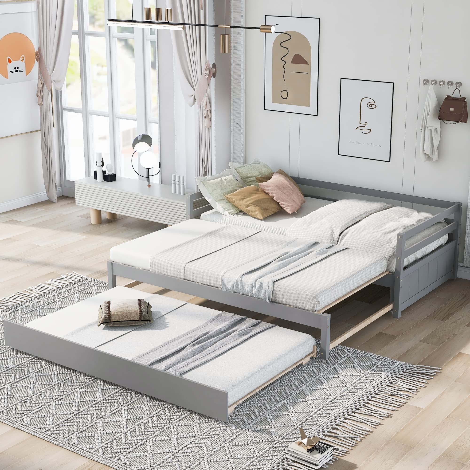 Merax Modern Extending Daybed with 2 Pop-Up Trundle Beds Twin to King Grey
