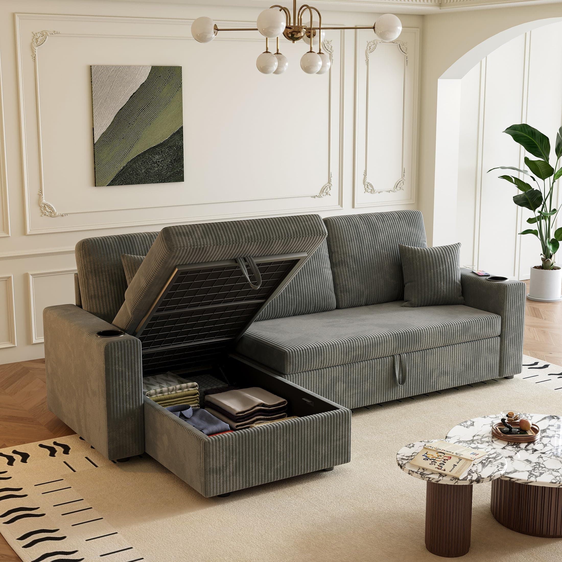 Reversible Storage Chaise Sleeper Sofa, 83.5" L-Shaped with Cup Holders & USB, Grey Corduroy