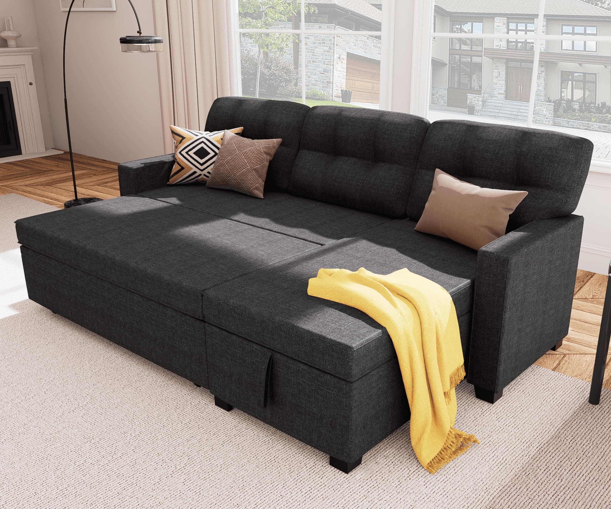 DeepGrey Linen Reversible Sectional Sleeper Couch with Storage and Pull-Out Bed