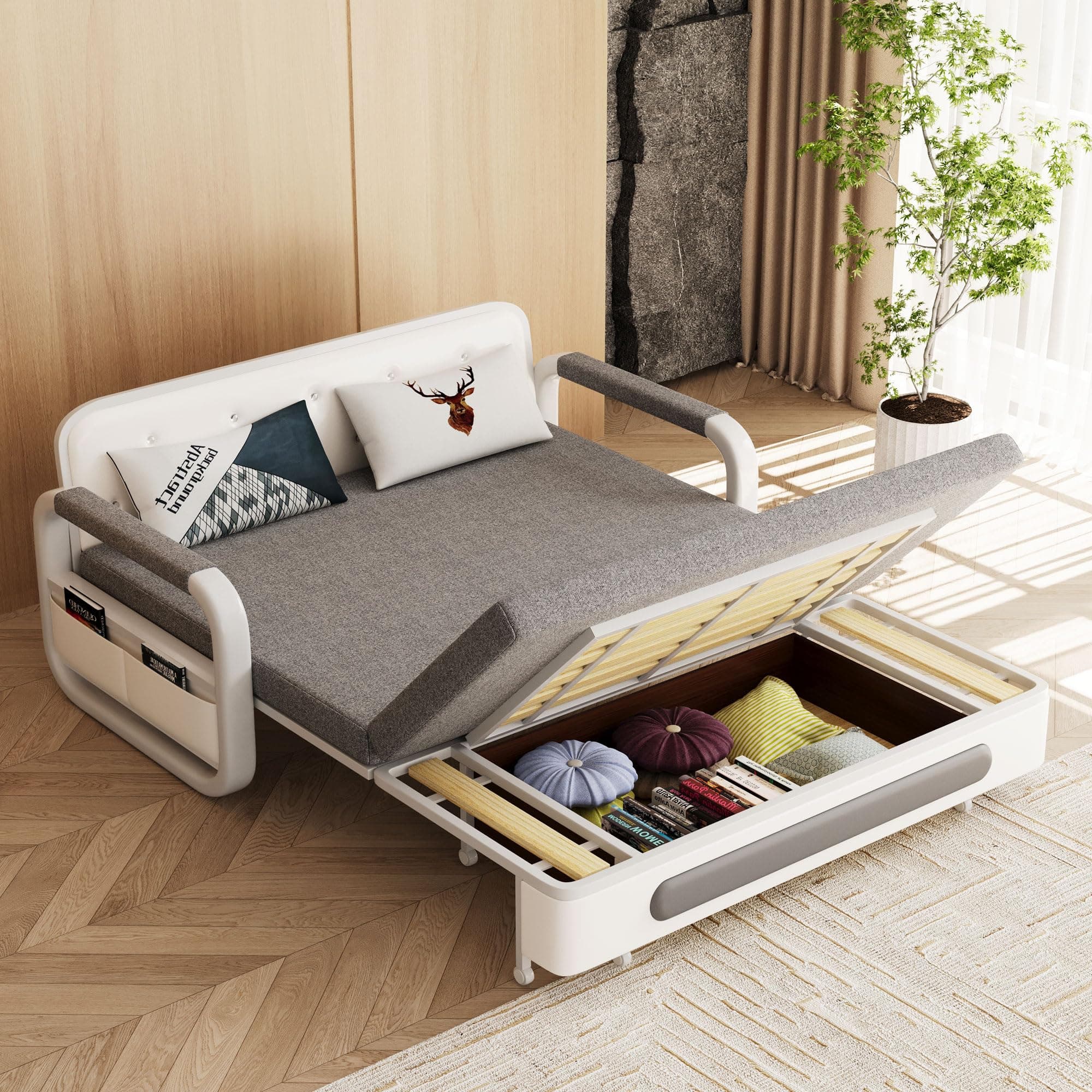 Gray/White Versatile RV Pull-Out Sofa Bed - Living Room and Small Spaces