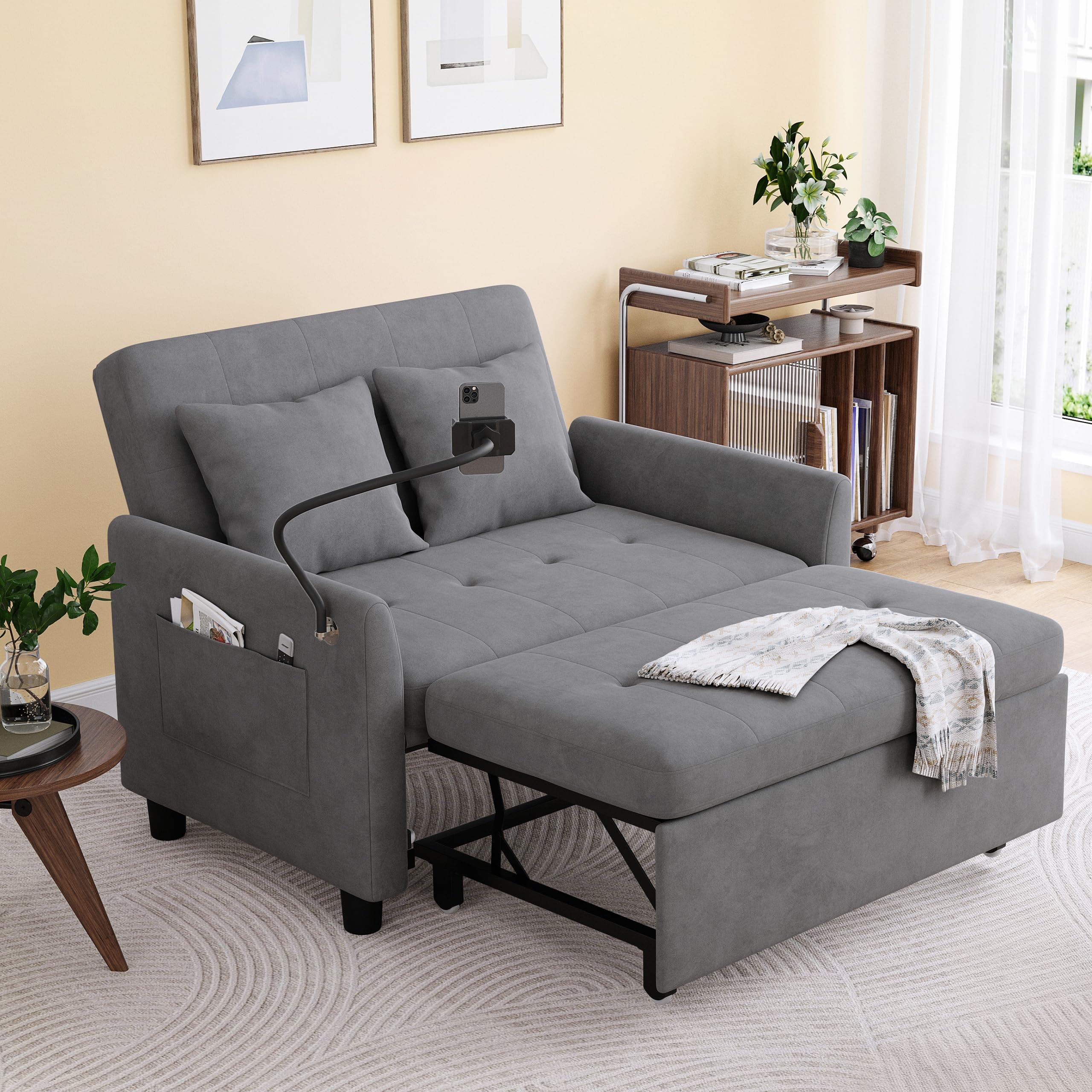 3-in-1 Convertible Sleeper Sofa Bed, Grey Velvet Love Seat with Pillow and Phone Holder