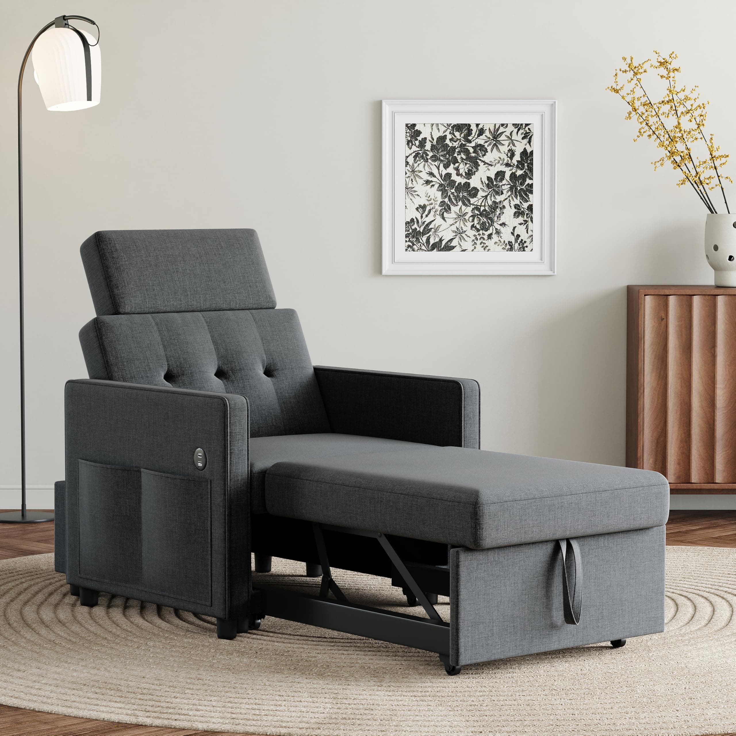 LIKIMIO 3-in-1 Sleeper Sofa Chair Bed, Dark Grey Linen Fabric