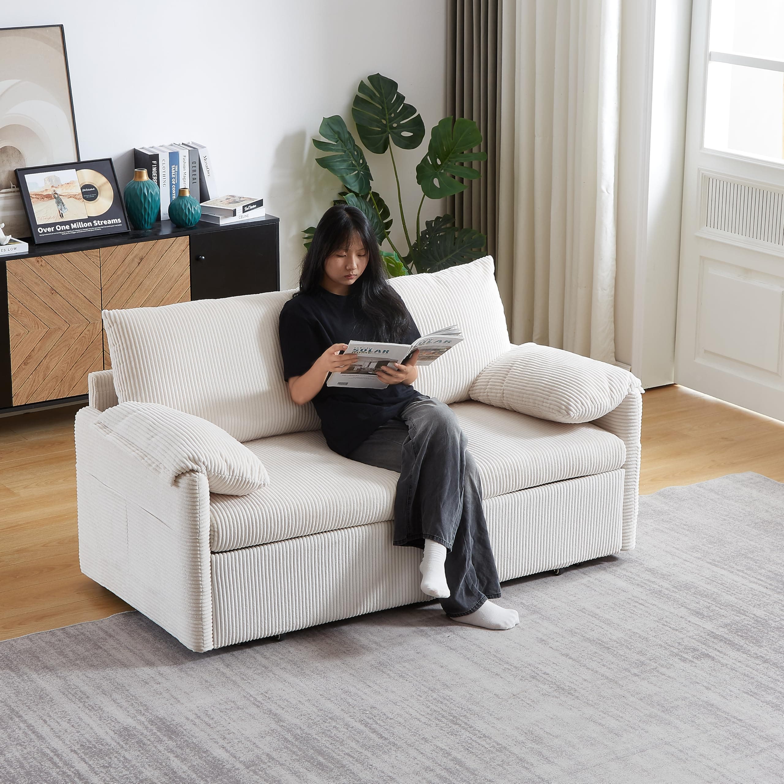 Eafurn 3-in-1 Convertible Pull-Out Sofa Bed Queen Size, Corduroy Lounge with Pillows & Storage