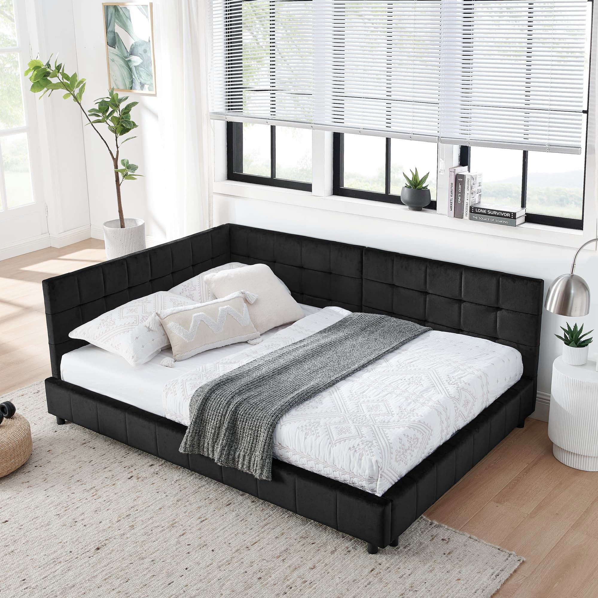 Antetek Black Full Size Daybed, Tufted Velvet Sofa Bed Frame