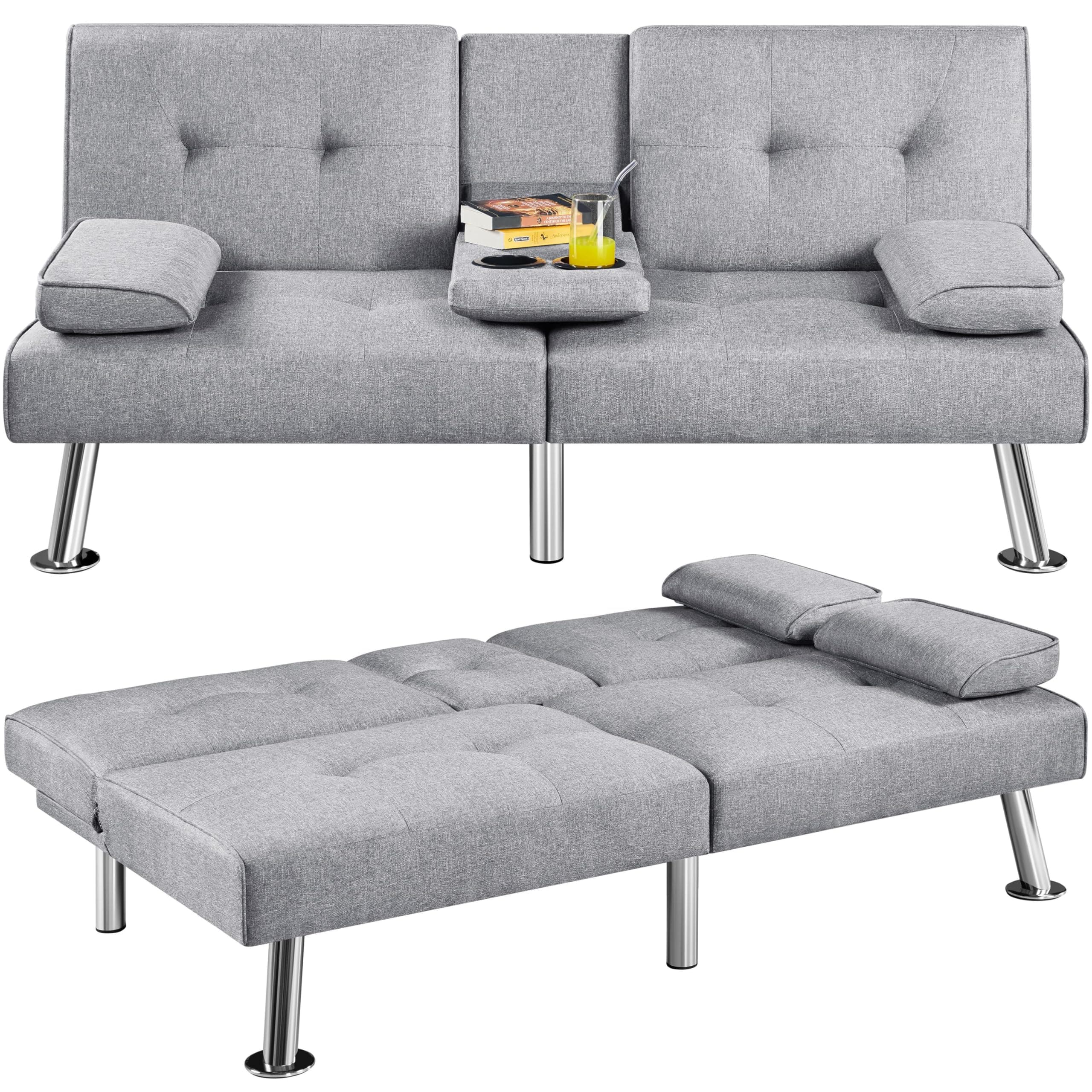 Yaheetech Light Gray Reversible Couch Bed with Removable Arms & Cup Holders