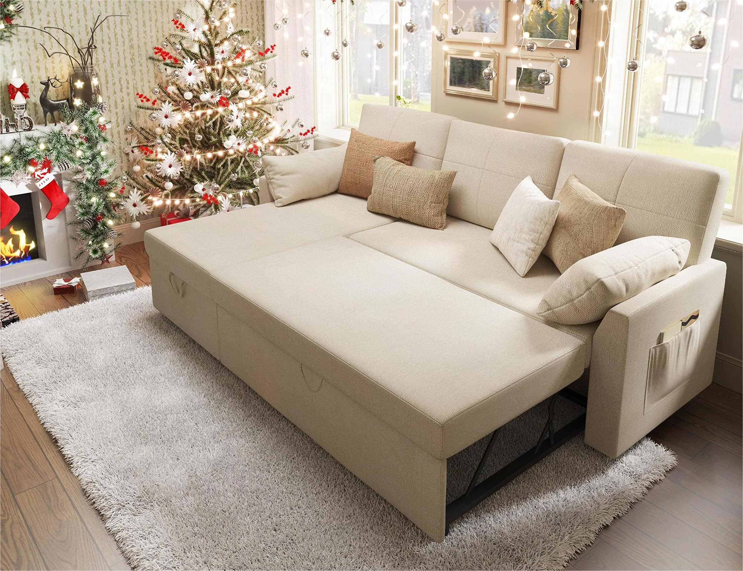 VanAcc Beige Chenille Sleeper Sofa with Storage Chaise