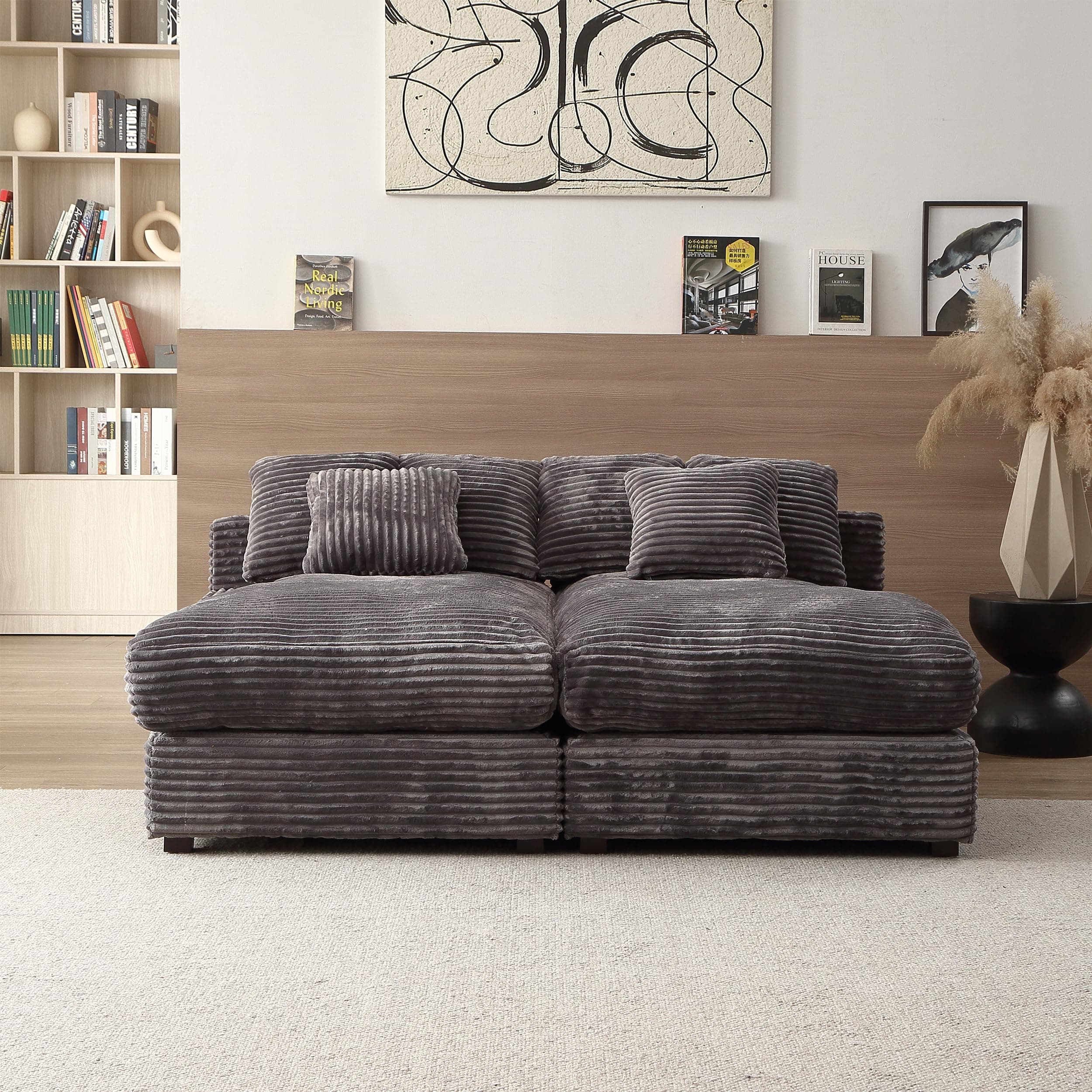 Oversized Grey Corduroy Chaise Lounge with 6 Pillows for Living Room and Bedroom