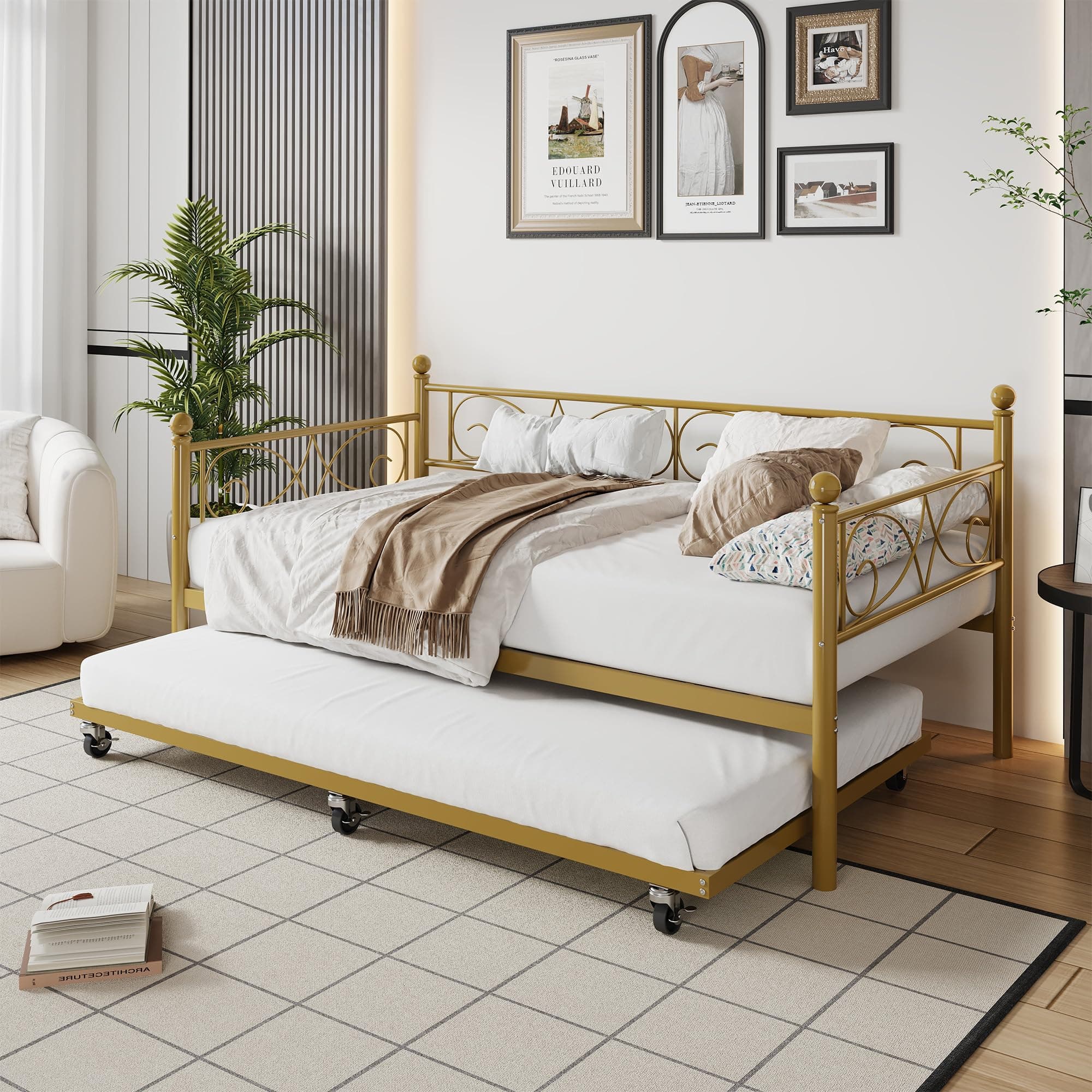 IDEALHOUSE Gold Twin Daybed with Trundle for Living Room and Guest Room
| Heavy Duty Metal IDEALHOUSE Gold Twin Daybed with Trundle for Space Saving Sleep in Bedroom
| IDEALHOUSE Gold Metal Trundle Bed Daybed Frame for Living Room and Bedroom