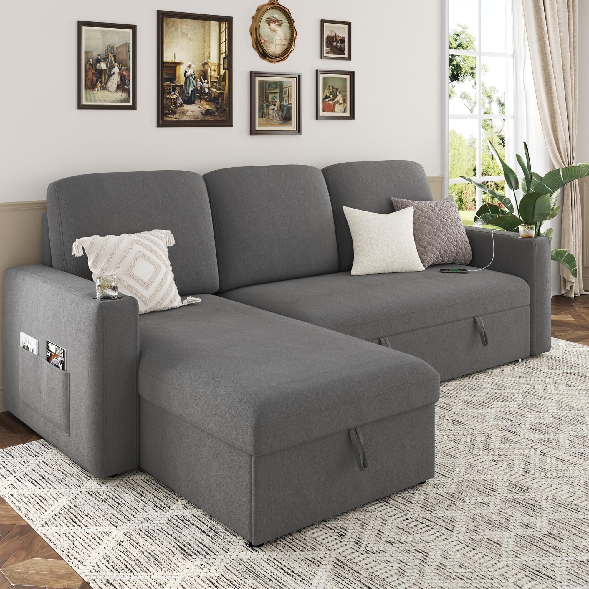 Keyluv 87" Reversible L-Shaped Sofa Bed with Storage & Charging Station, Dark Gray Velvet