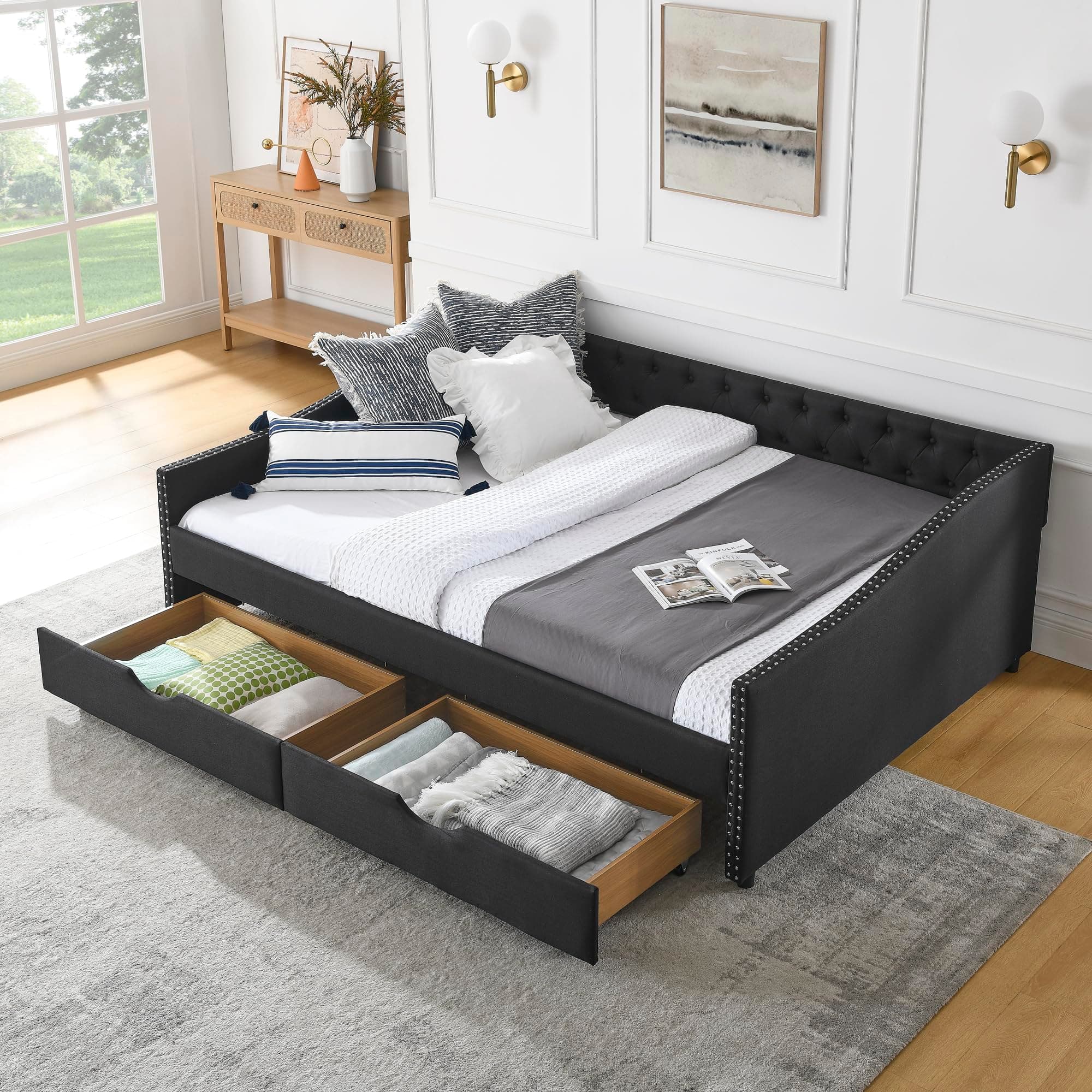Queen Size Wood Daybed with Drawers and Linen Upholstered Sofa Bed