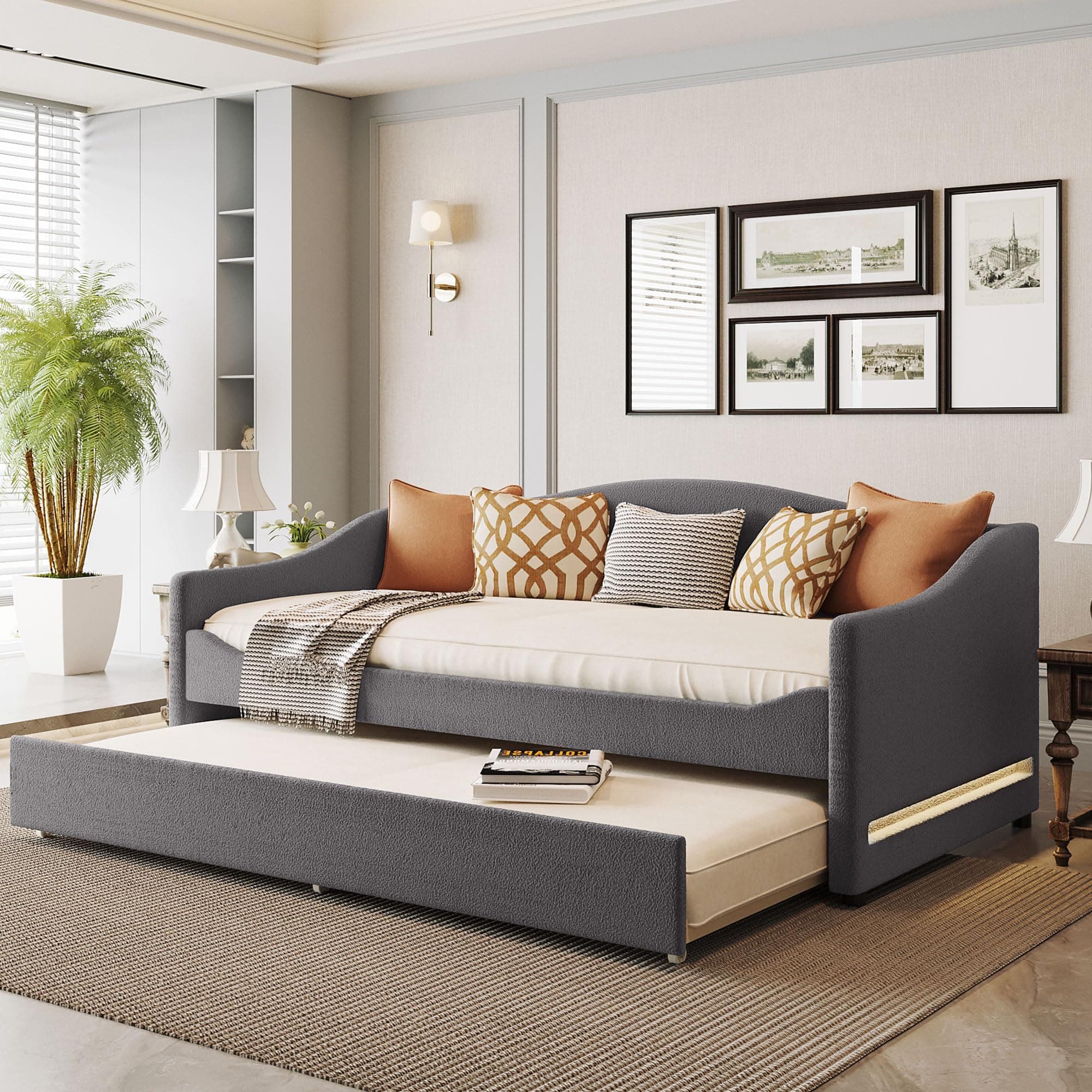 Twin Size Upholstered Daybed with Trundle and LED Light, Gray for Guest Room and Apartment
Twin Size Teddy Fleece Day Bed Frame with Solid Wood Slats, Gray for No Spring Box Needed Bedroom
Twin Size Daybed with Trundle and LED Light, Easy Assembly Da
