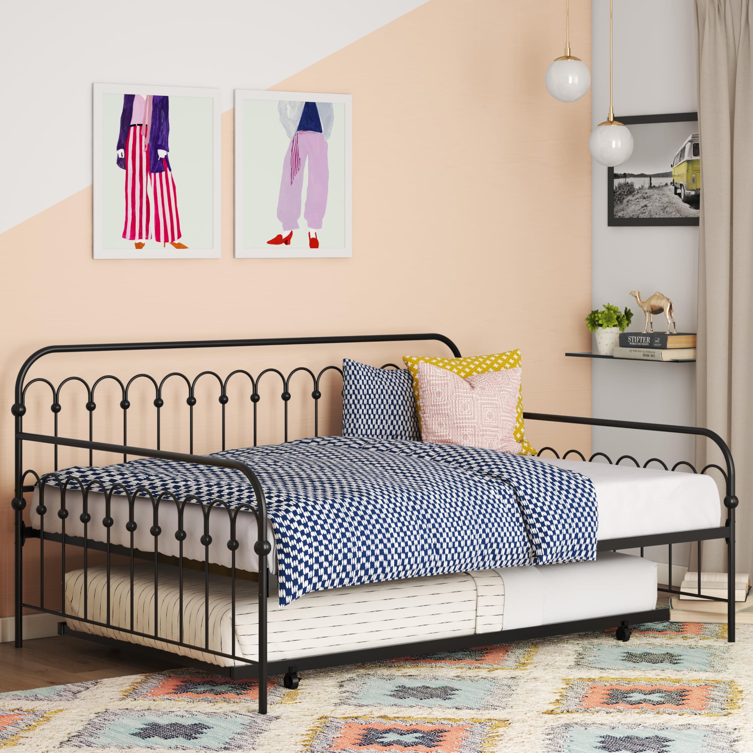 Novogratz Black Full Metal Daybed with Twin Trundle Bed