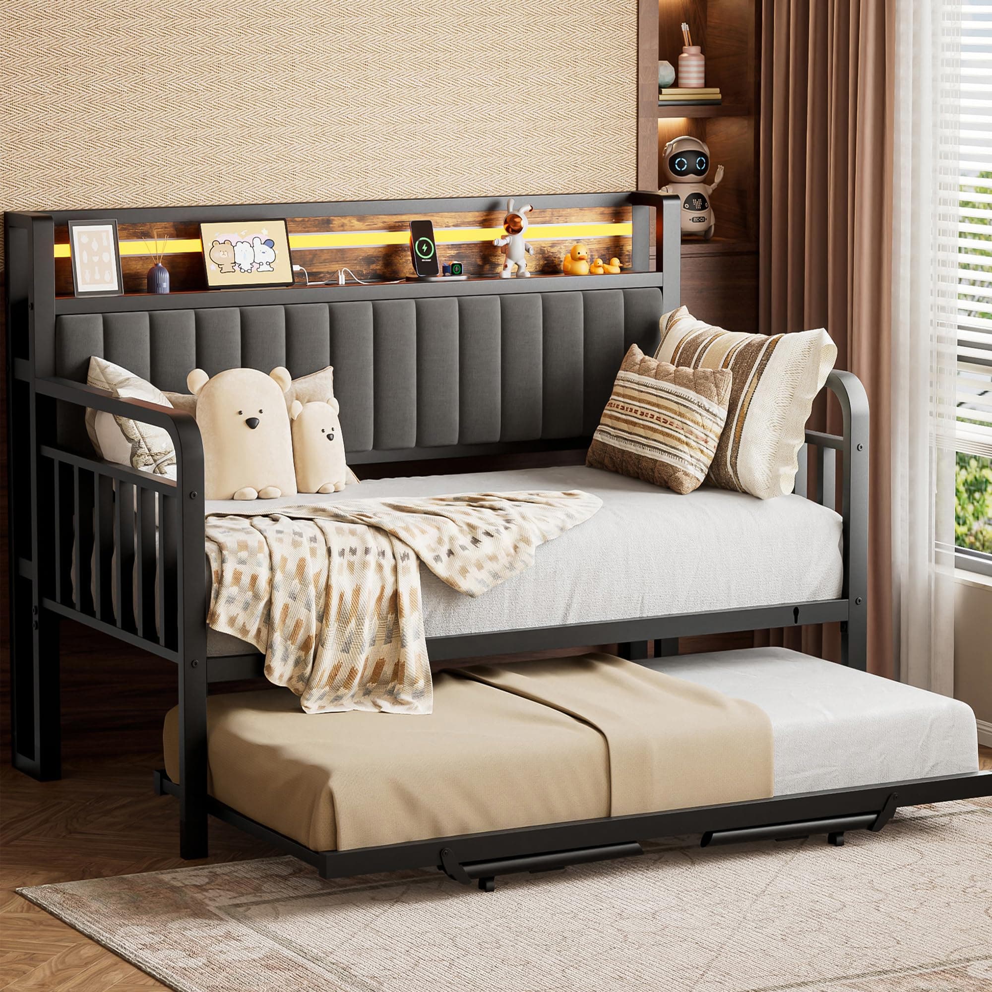 Heavy Duty Metal Twin Daybed with Trundle & LED Light (Brown)