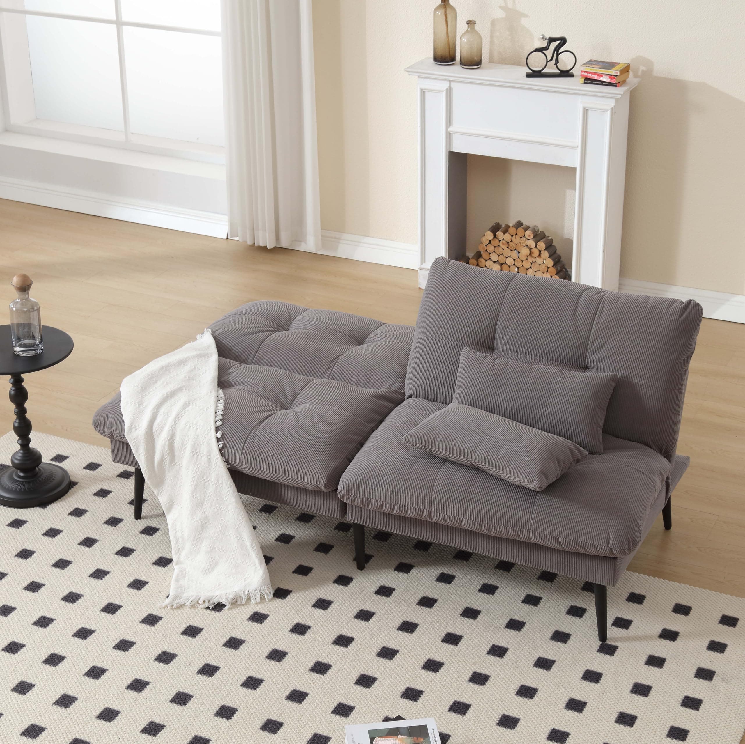 Gray 72'' Corduroy Adjustable Backrest Sleeper Sofa Bed (White)