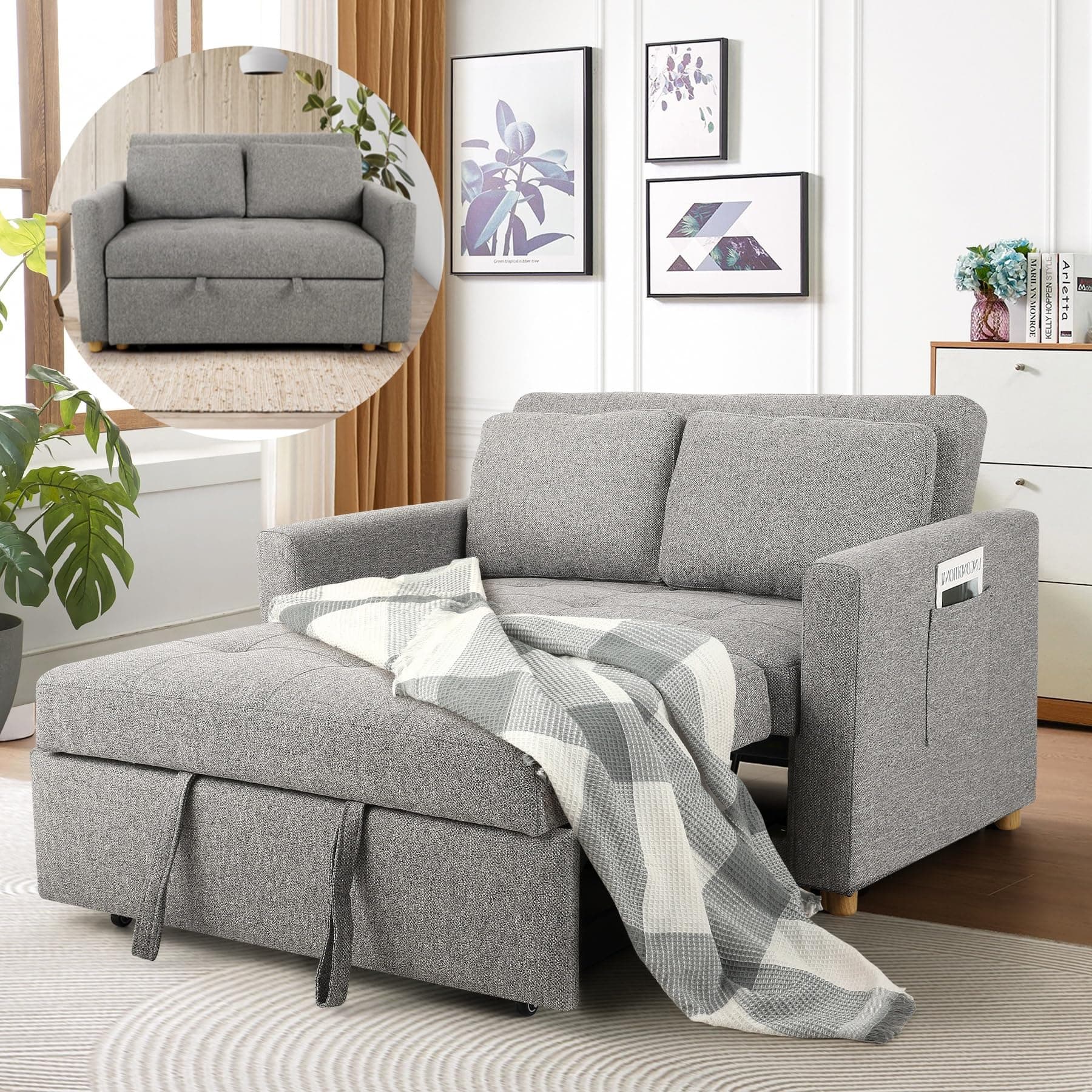 SEJOV 2-Seater Grey Linen 3-in-1 Sleeper Sofa Bed