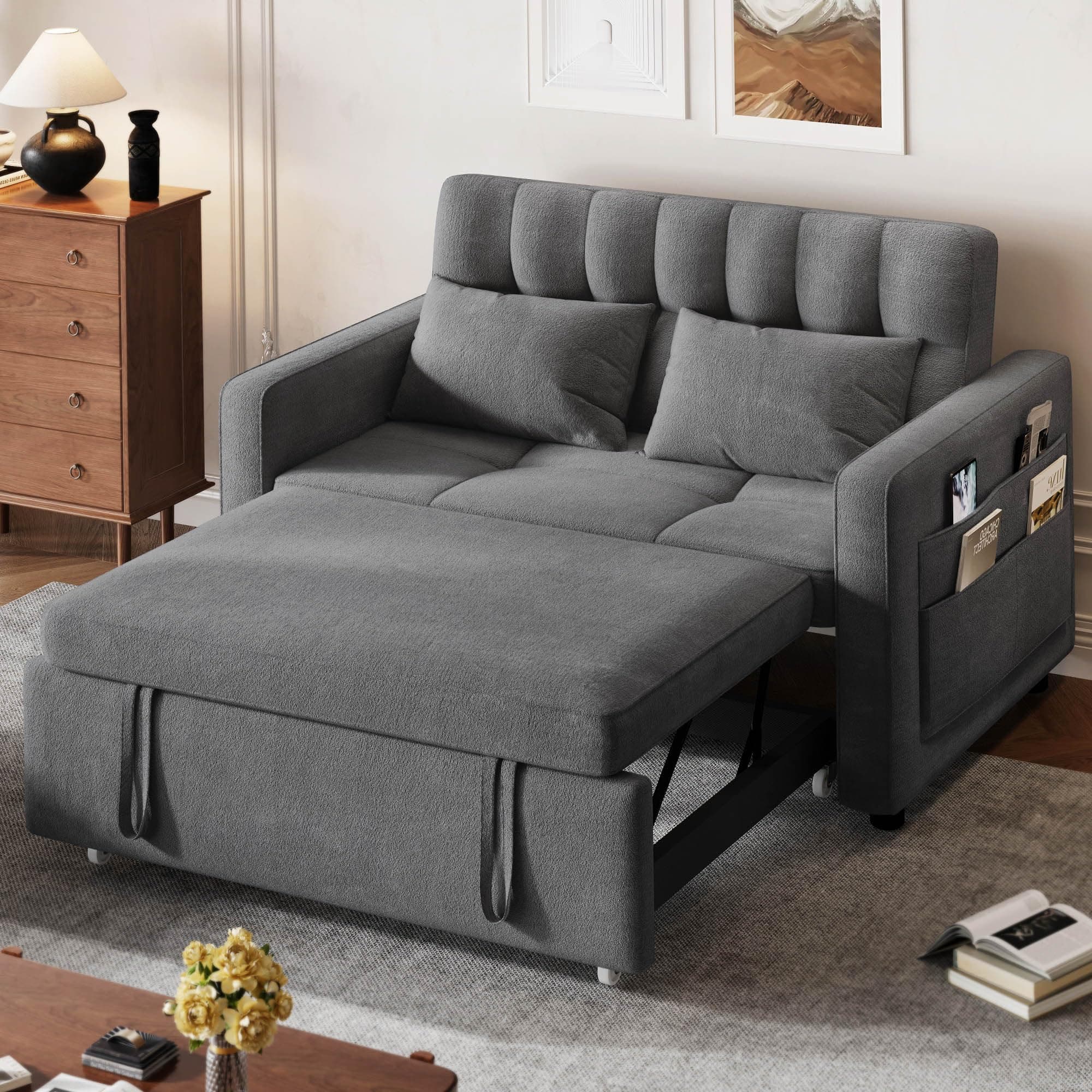 DWVO 3-in-1 Convertible Sofa Bed, Grey with Pull-Out Bed and Adjustable Backrest